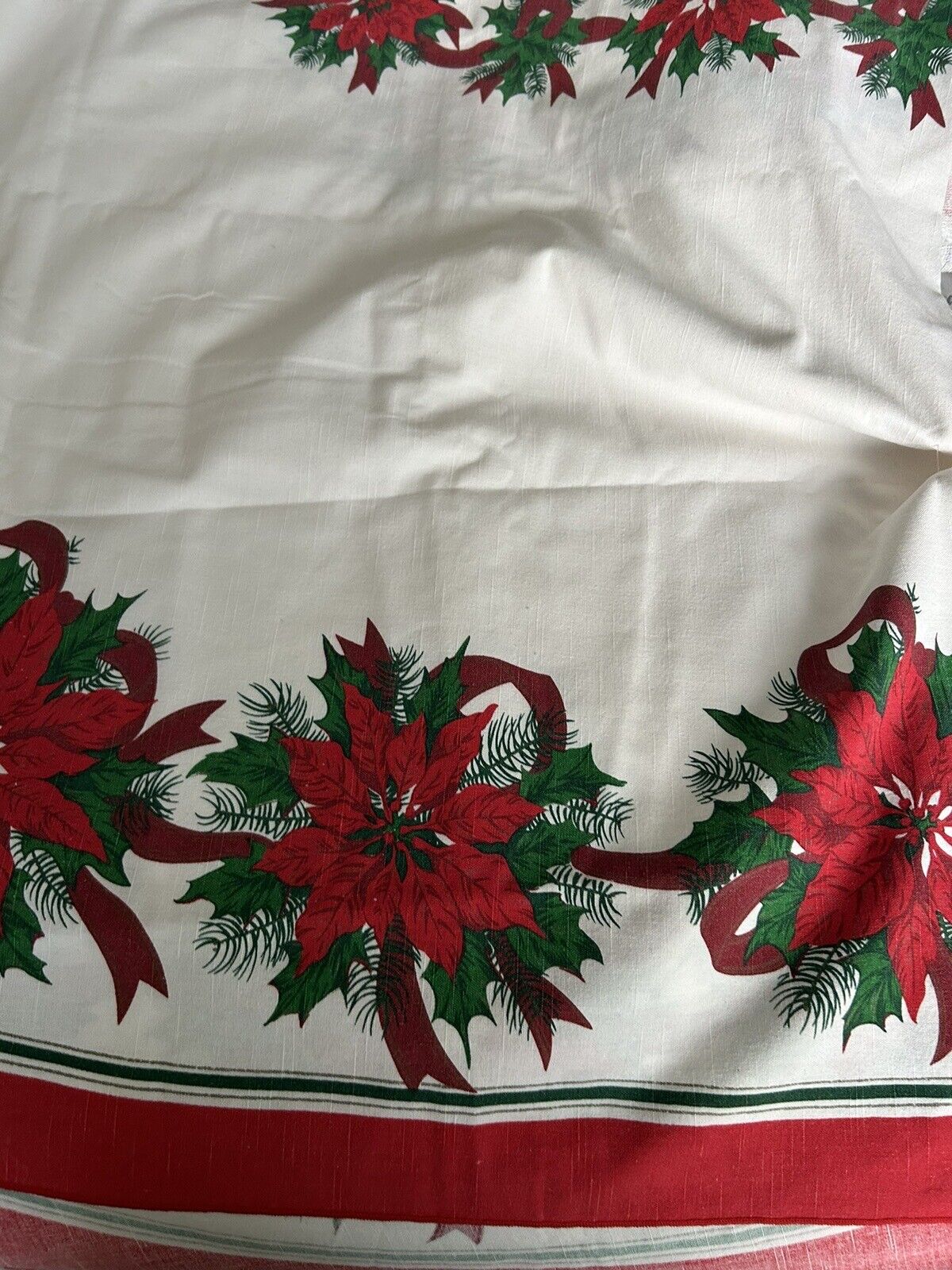 Vintage K-mart Christmas Oval Poinsettia Ribbons Tablecloth 64X80 Holly  Ribbon
