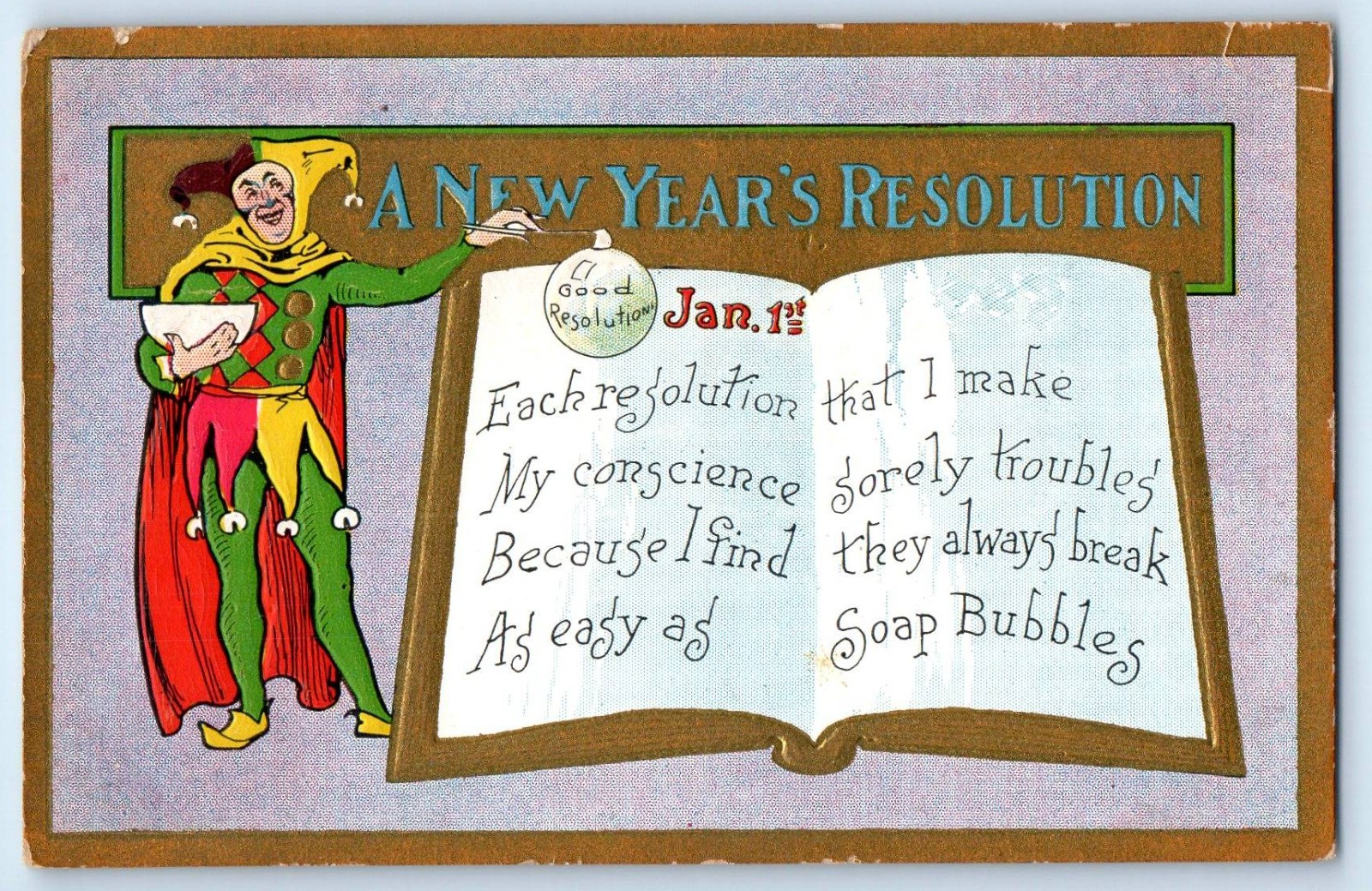c1910's New Year's Resolution Clown Book Embossed Antique Unposted Postcard