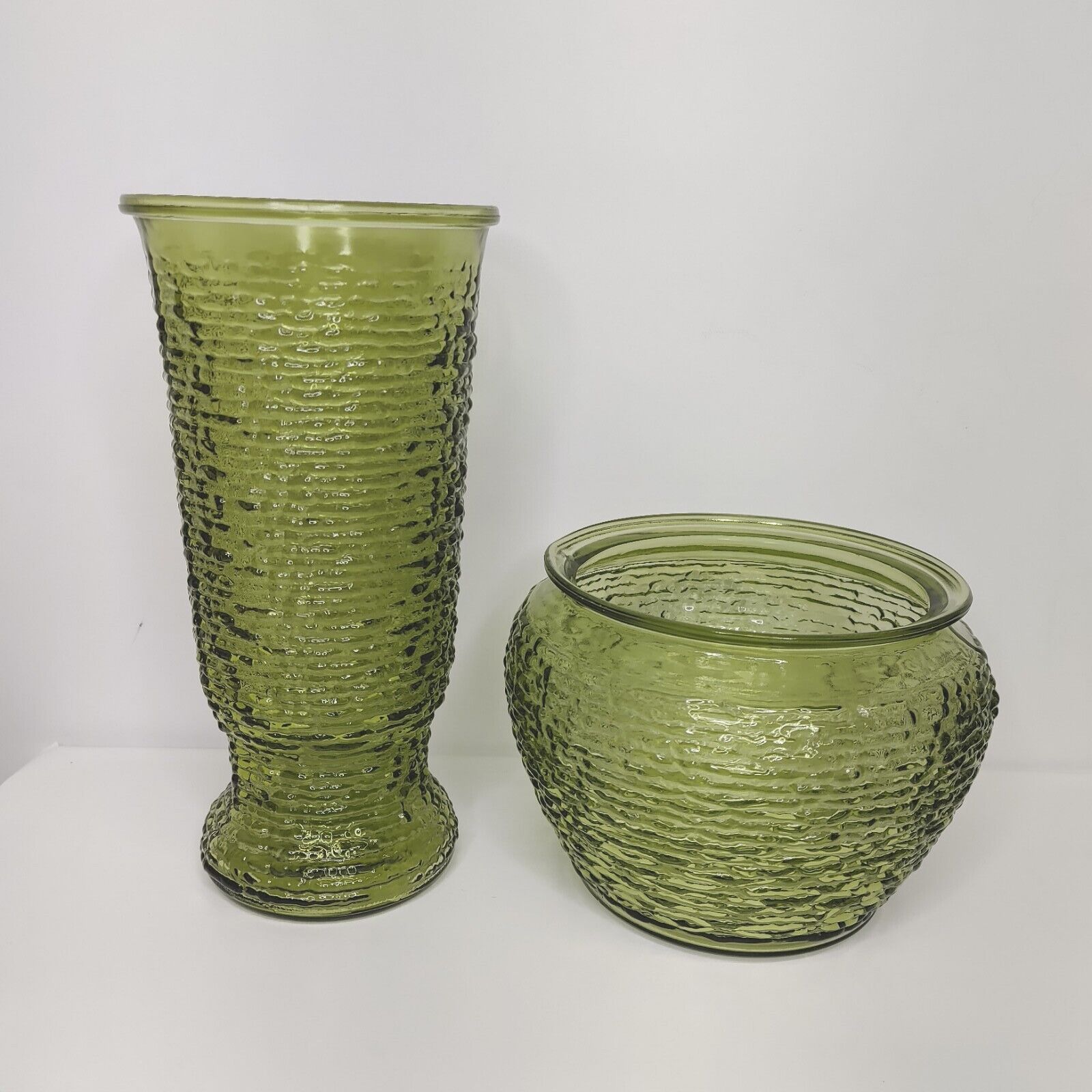 Vintage Green Glass Vases Textured 9.5\
