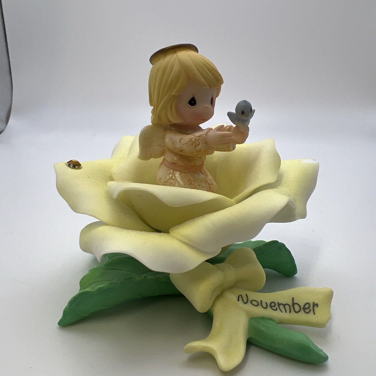 Precious Moments Miniature angel Figure sitting N Yellow Rose Bird November 2001