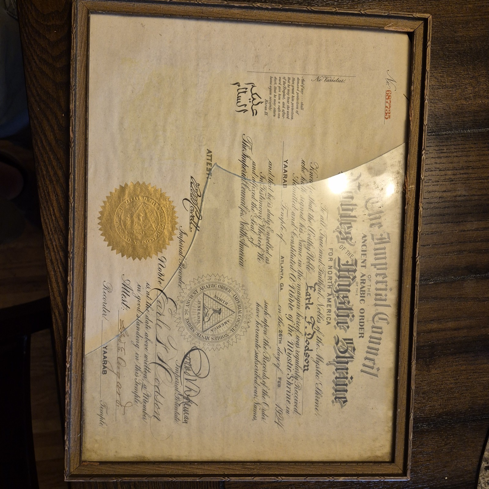 YAARAB Shriners Membership Certificate 1924 Atlanta Georgia Vintage Original YAARAB Shriners Membership Certificate 1924 Atlanta Georgia Vintage Original