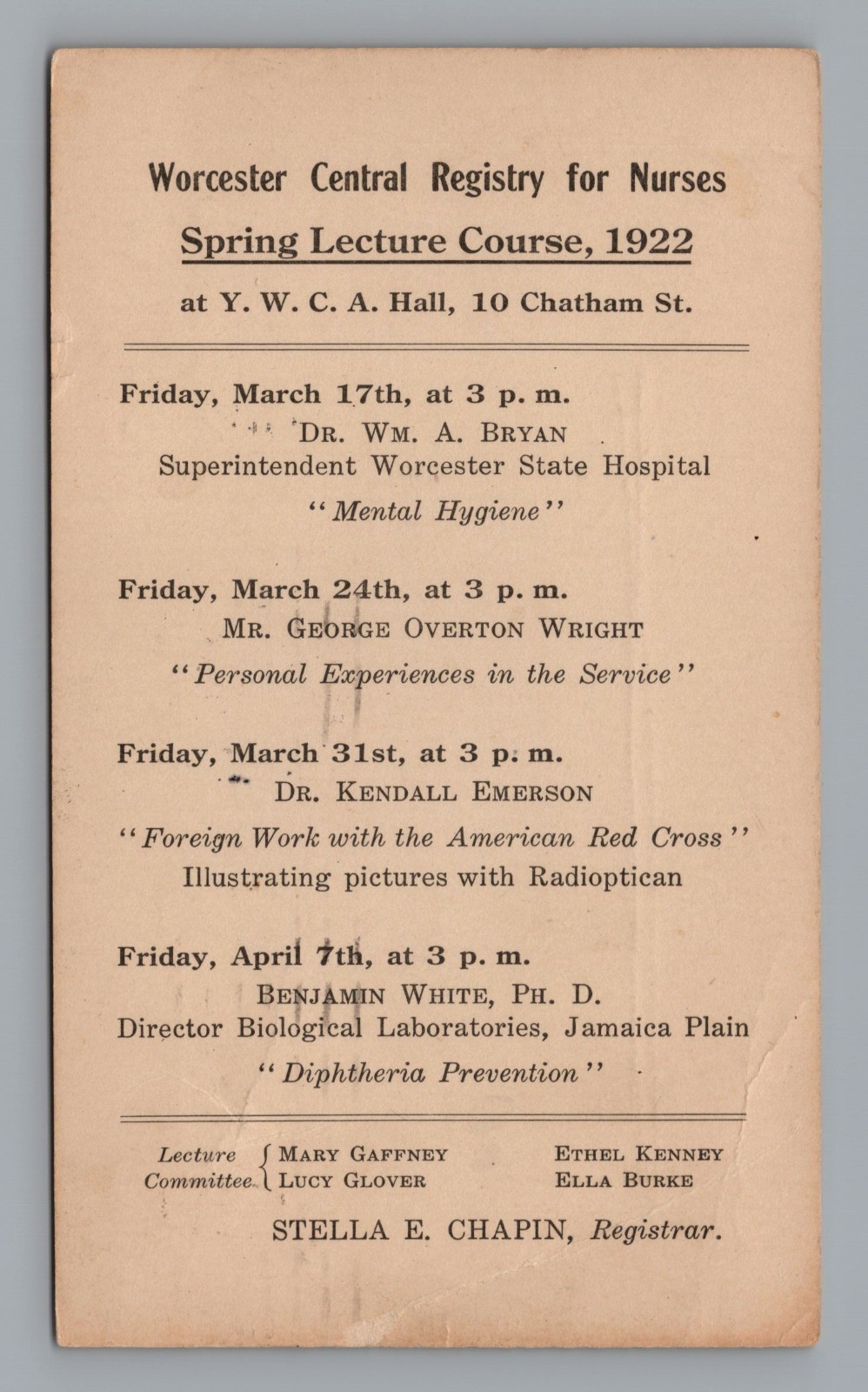 1922 Worcester Nurses Lecture Postal Card Mental Hygiene State Hospital Bryan