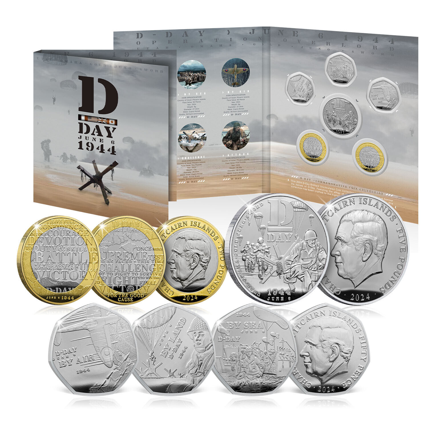 D-Day 80th Anniversary World War II Annual Coin Set 2024 BU 50p £2 £5 (6 Coins)