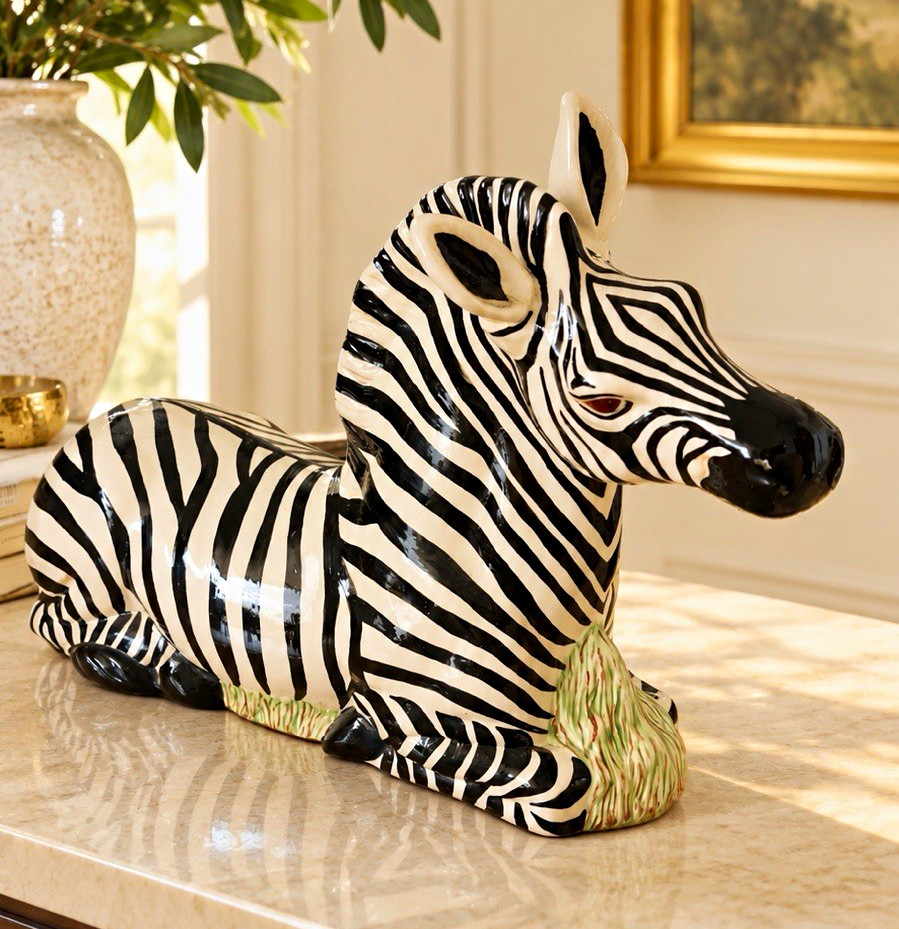 Hand Painted Glossy Ceramic Zebra Figurine - Black/White/Green Reclining, Italy Hand Painted Glossy Ceramic Zebra Figurine - Black/White/Green Reclining, Italy