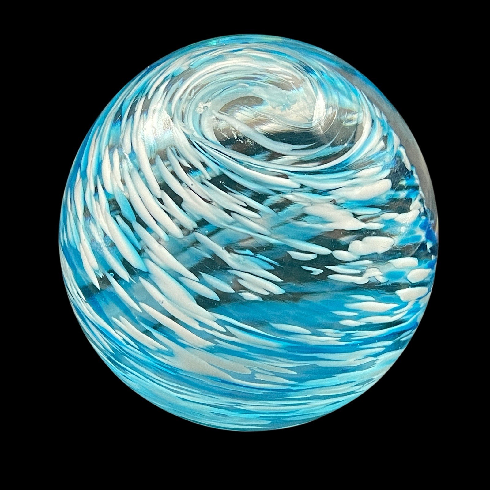 Art Glass Paperweight Blue White Swirl w Internal Inclusions Clear Base Unsigned Art Glass Paperweight Blue White Swirl w Internal Inclusions Clear Base Unsigned