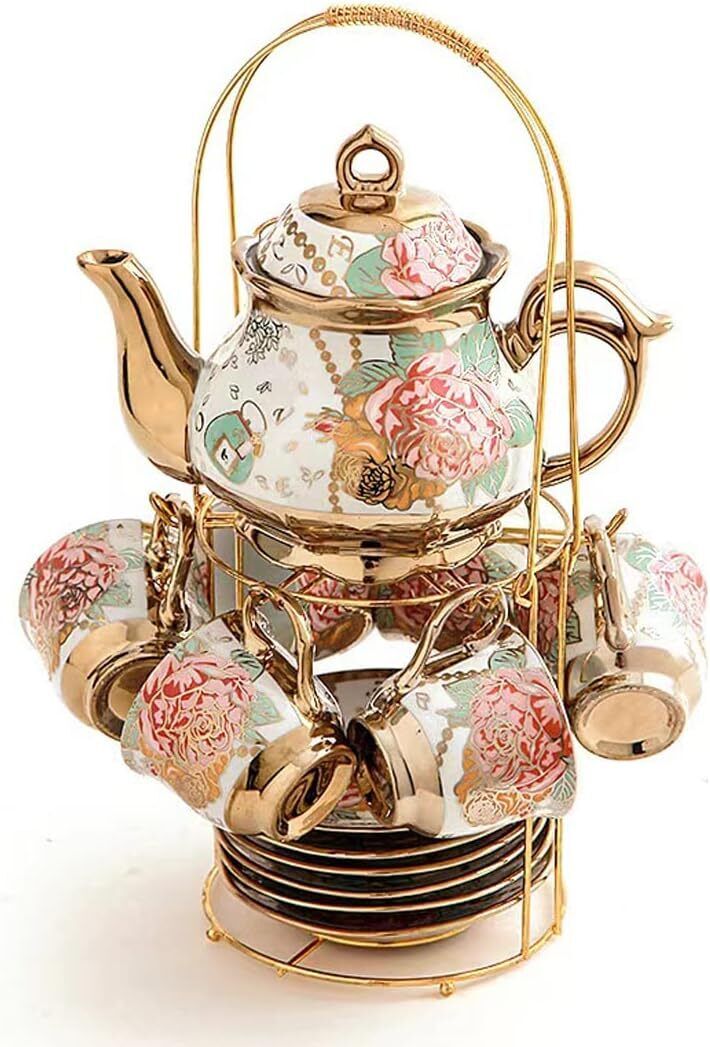 Gold Plated Red Rose Ceramic Tea Set, Vintage Tea Set with Teapot