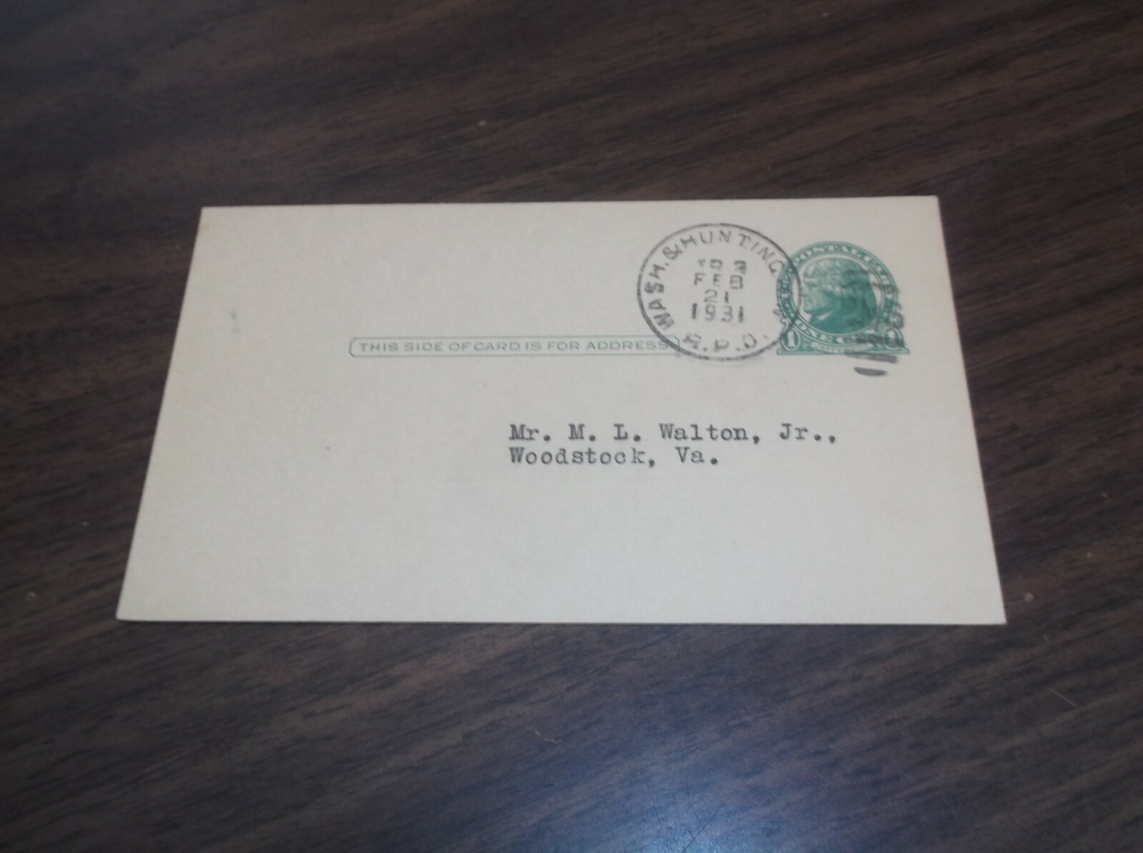 FEBRUARY 1931 CHESAPEAKE & OHIO TRAIN #3 WASHINGTON & HUNTINGTON RPO POST CARD