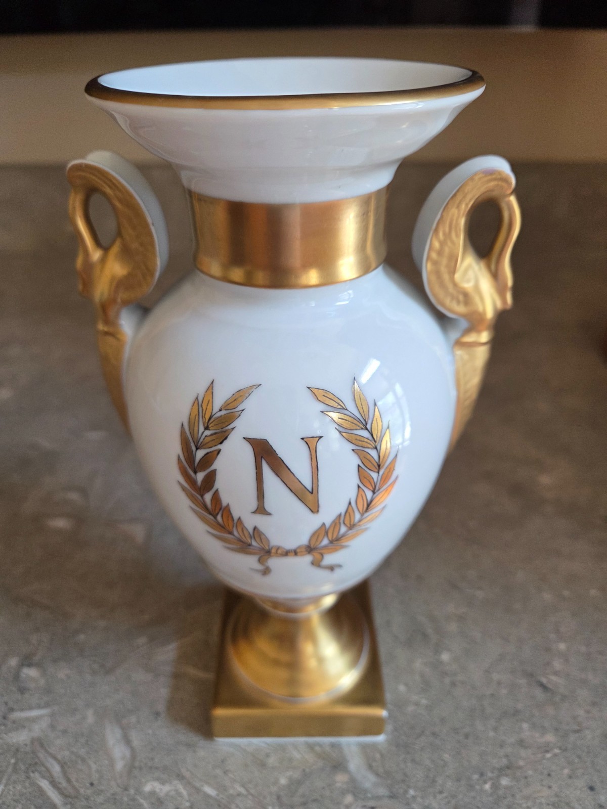 1970s Vintage White & Gold Porcelain Urn Vase 9.5