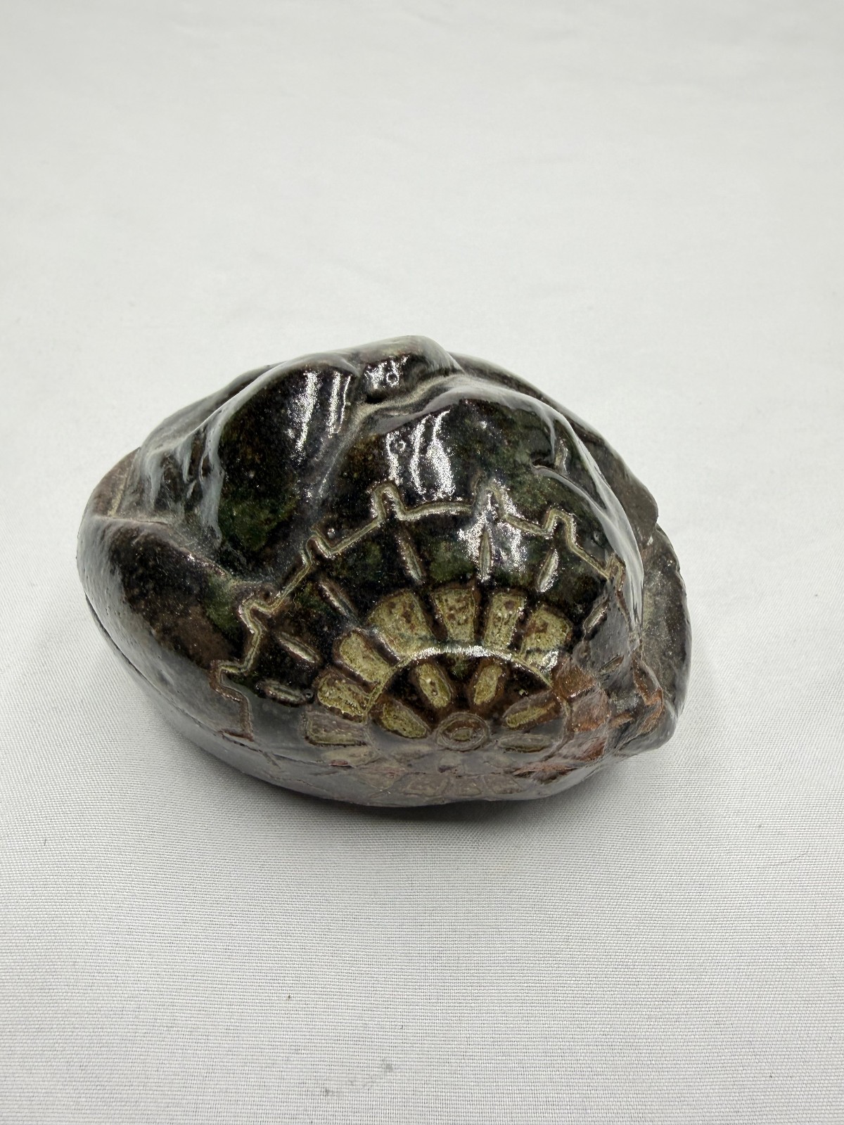 Studio Pottery Sculptural Lidded Box Dark Green Brown Glaze Marked Trinket Box