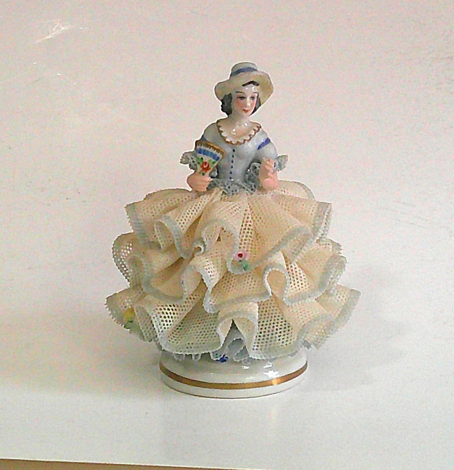 1978 MZ Irish Dresden Lydia Light Blue White Lace Porcelain Figurine 3.75” Mint