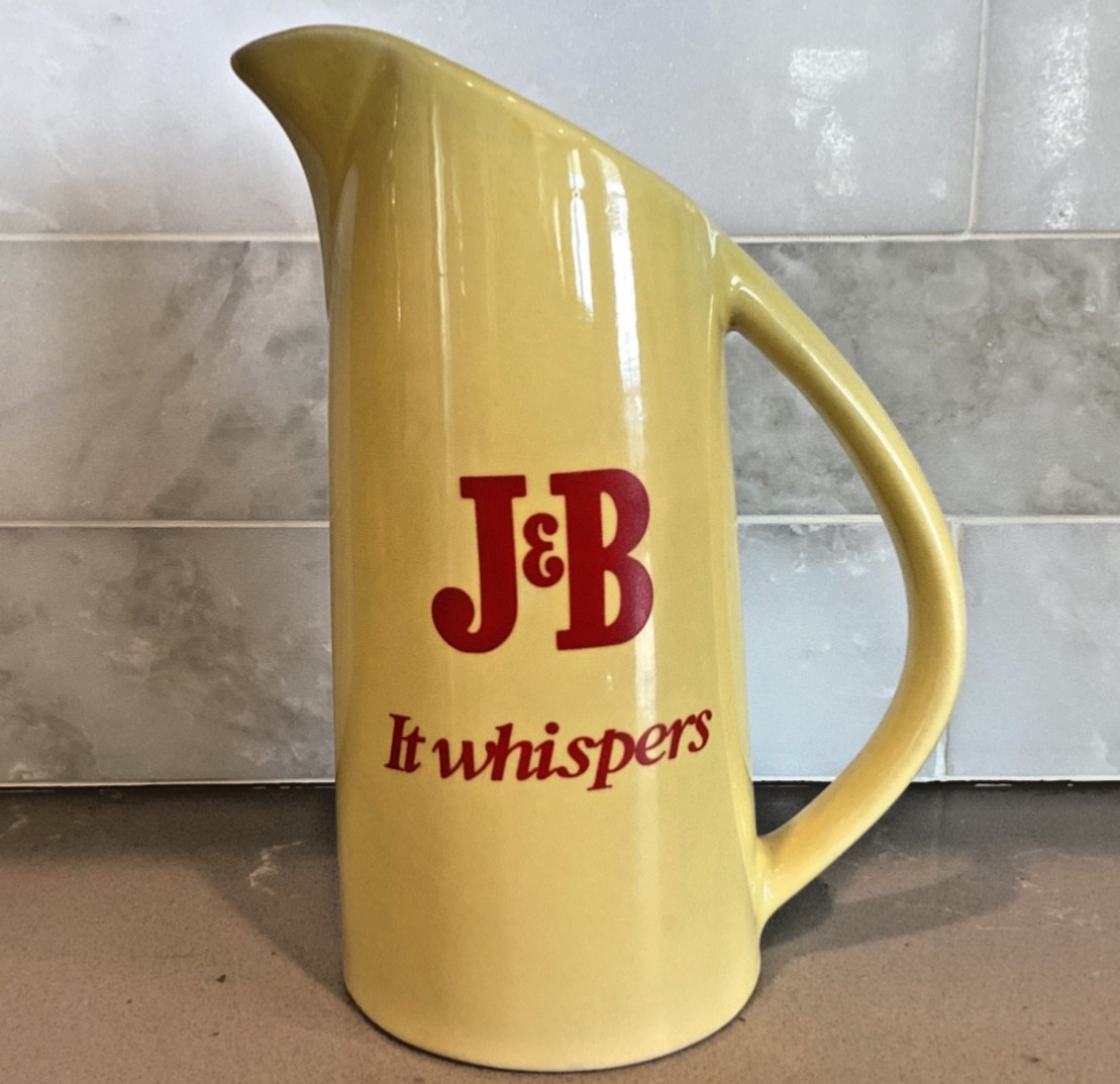 Vintage J&B Scotch Whiskey Pitcher Yellow with Red Logo It Whispers Paddington Vintage J&B Scotch Whiskey Pitcher Yellow with Red Logo It Whispers Paddington