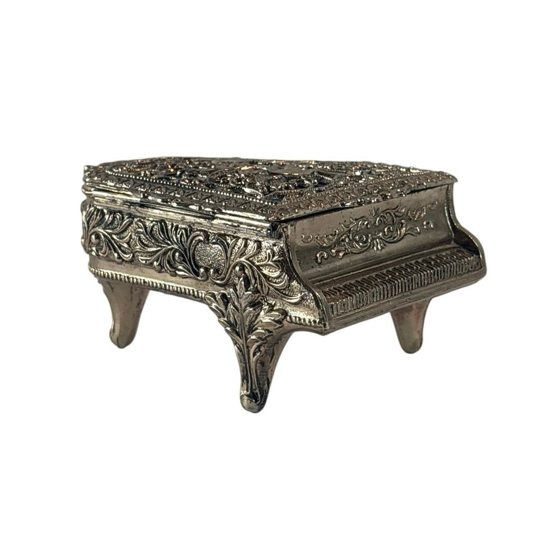 Vtg Sankyo Japan Grand Piano Music Box Silver Ornate Filigree Cherub Blue Velvet
