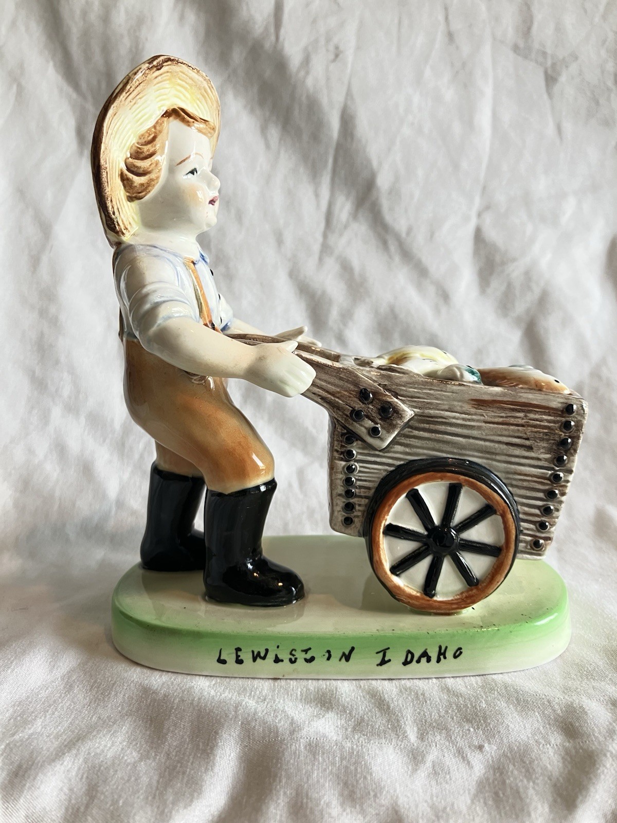 Vintage Nippon Yoko Boeki Figurine Boy Cart Lewiston Idaho Souvenir Japan