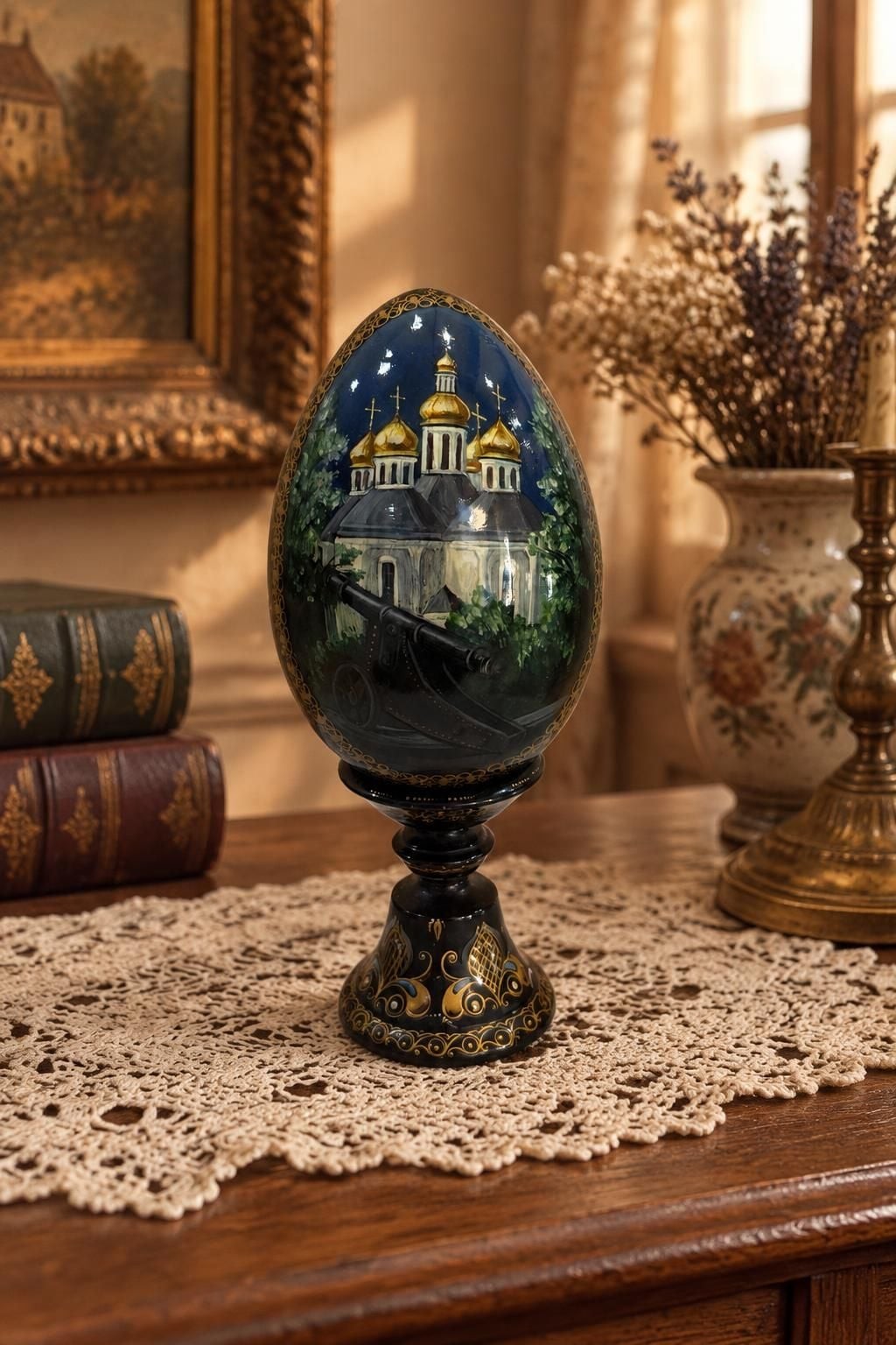 Vintage Russian Lacquer Egg On Stand 9\