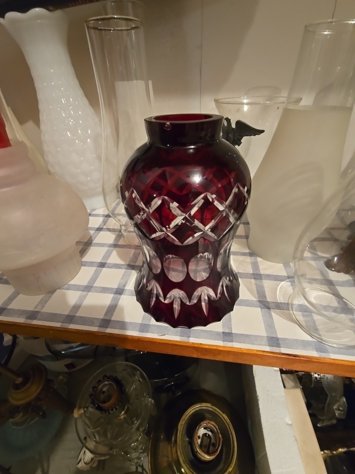 Antique 7 inches Bohemian Ruby hand cut to clear Glass VTG