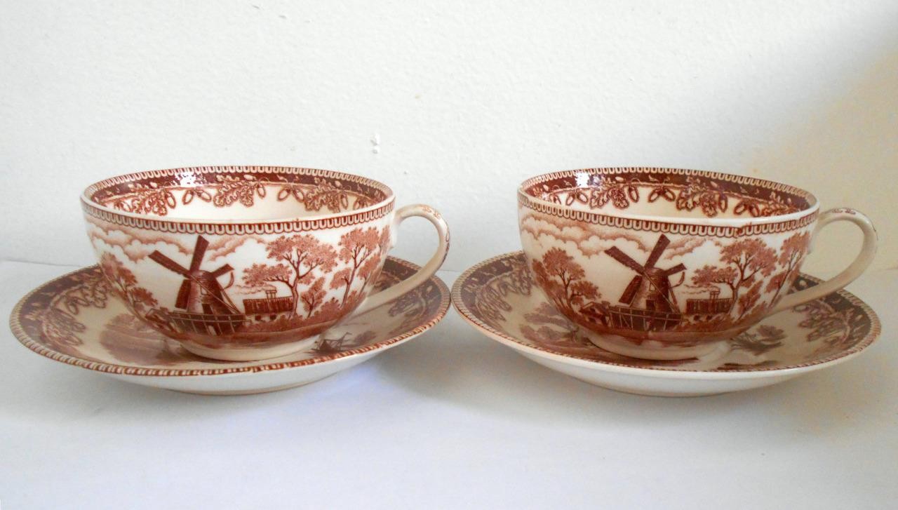 Vtg 2x Brown Transferware Windmill Scene Cup & Saucer Japan