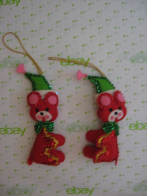 2 Vint Handmade 1971 Bucilla Jeweled Christmas Ornaments Kit 8319 RED BEARS Only