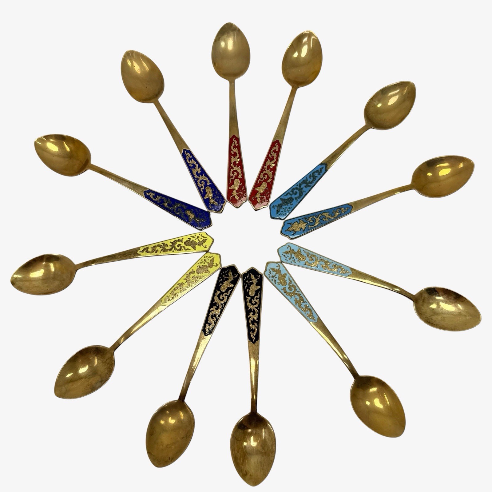 Vintage Thai Bronze Enamel Demitasse Coffee Spoon Set 12 E. Seng Chong Bangkok