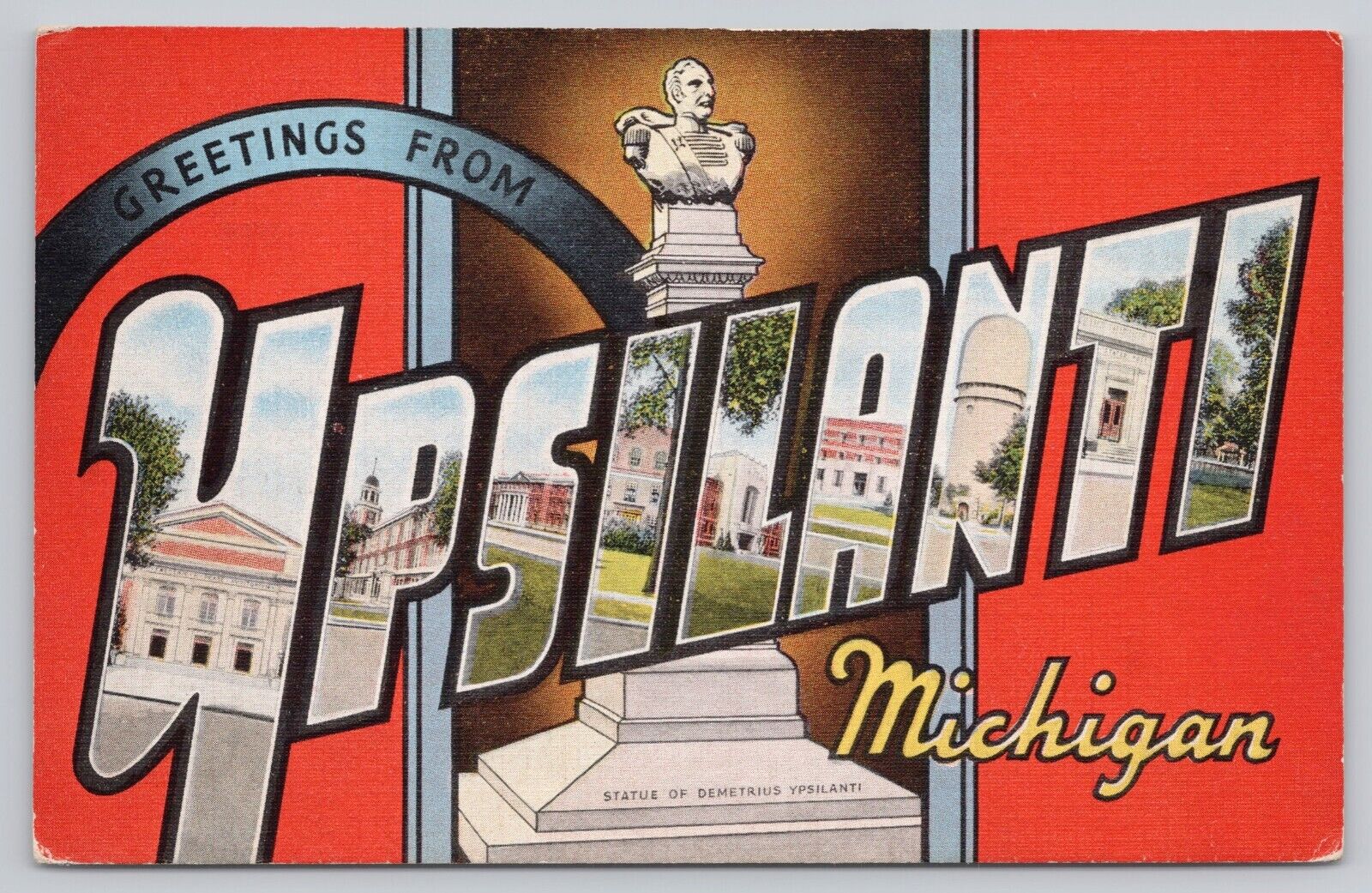 Ypsilanti Michigan, Large Letter Greetings, Statue, Vintage Postcard