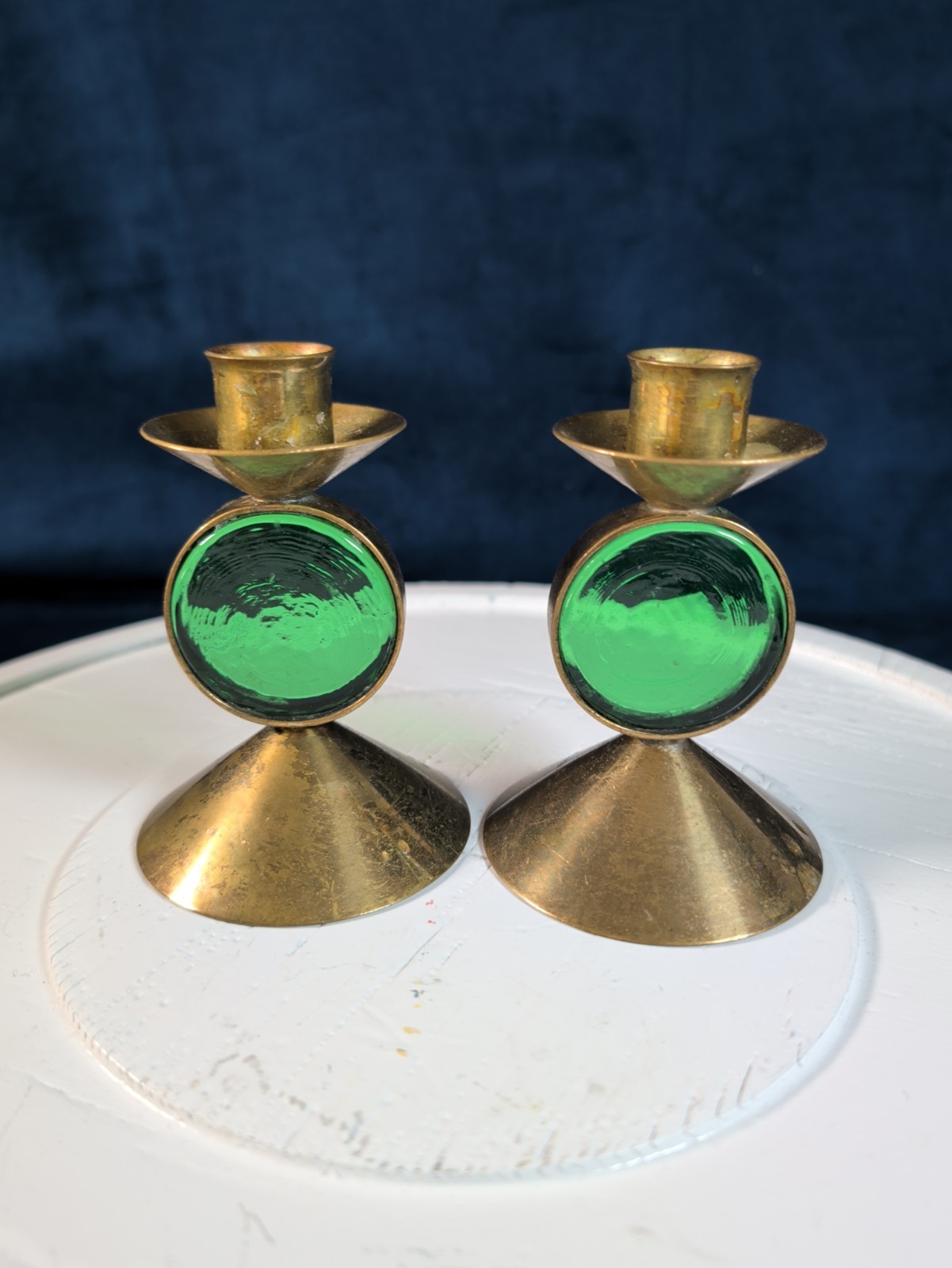 2 Vtg Gunnar Ander Sweden Candlesticks Brass Green Glass MCM