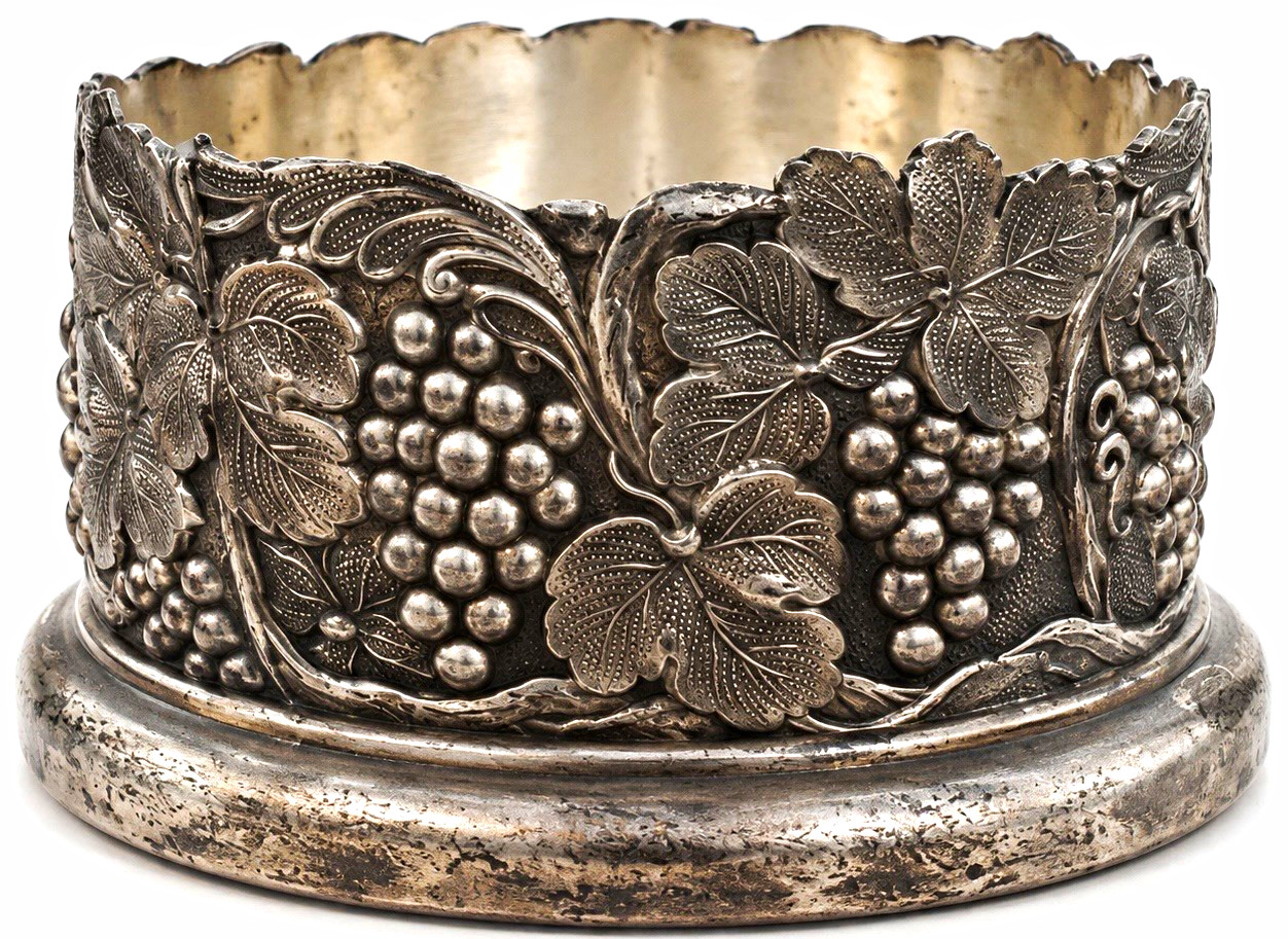 Vintage Silver Tone Wine Bottle Coaster Grape Vine Relief Ornate Holder
