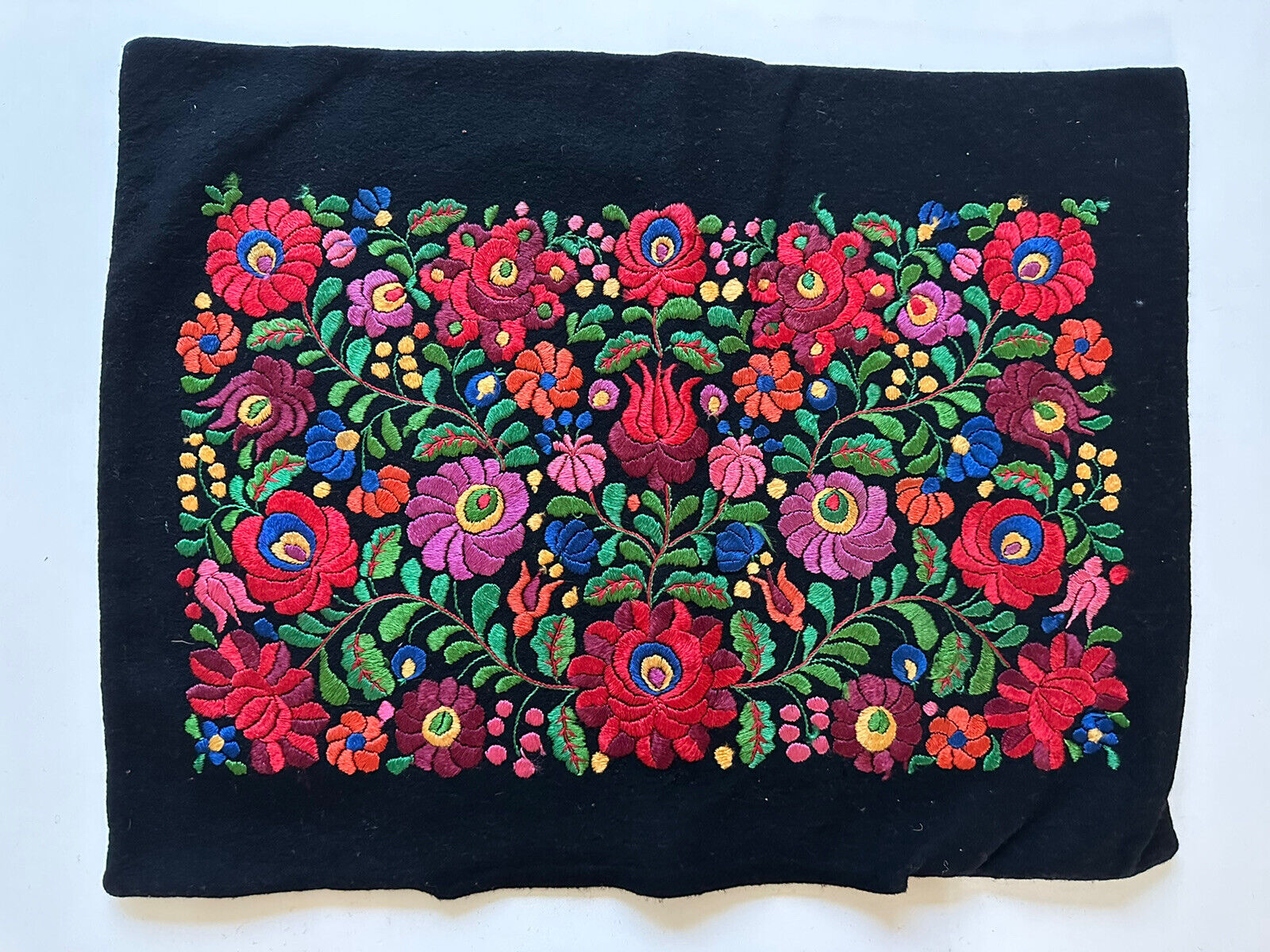 Vtg  Hungarian  MATYO Hand Embroidered Wool Fabric Pillow Case Black