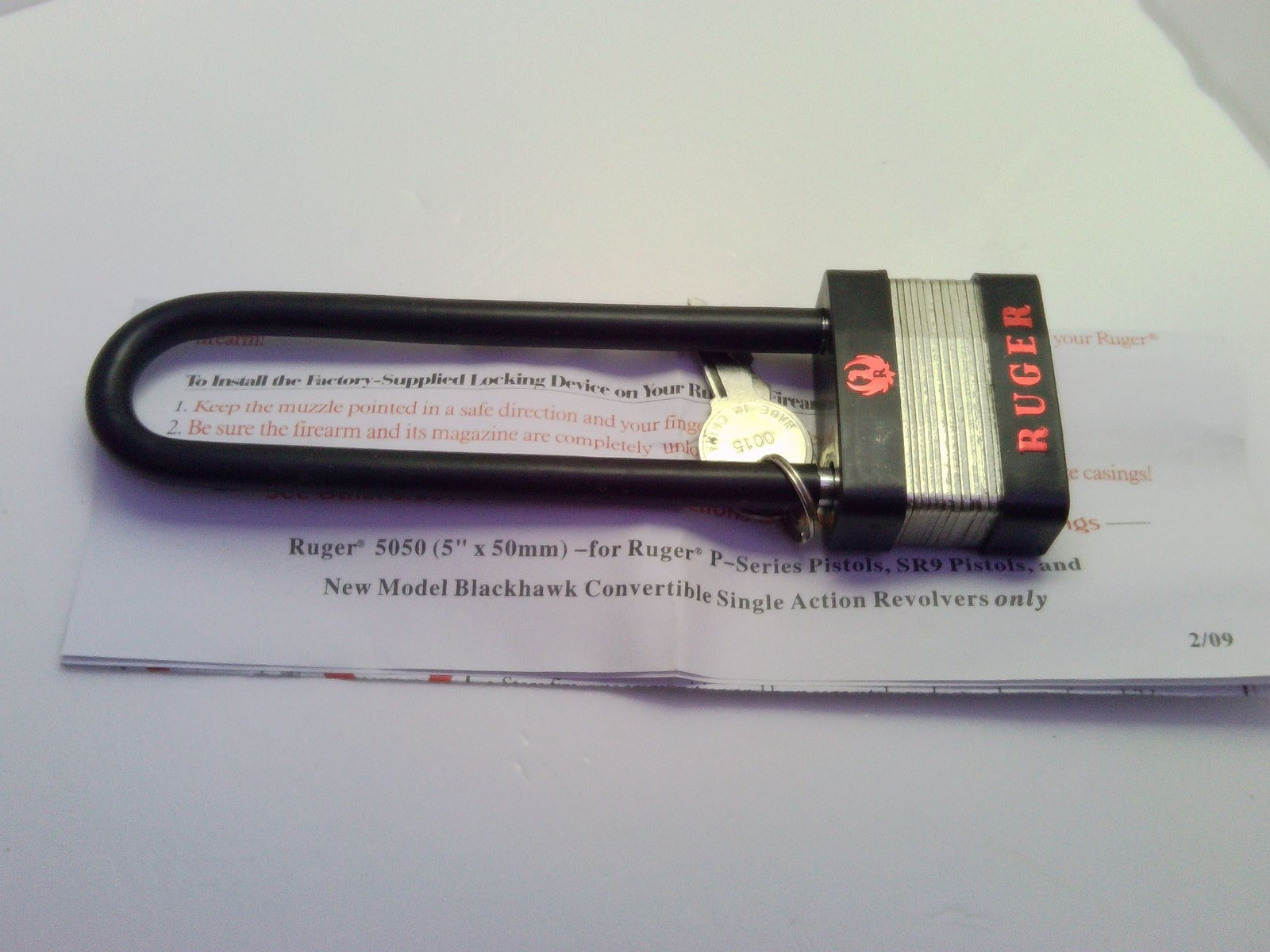 RUGER 5050 Long Shackle Firearm Safety Padlock Lock 2 Keys Instructions 5 Inch