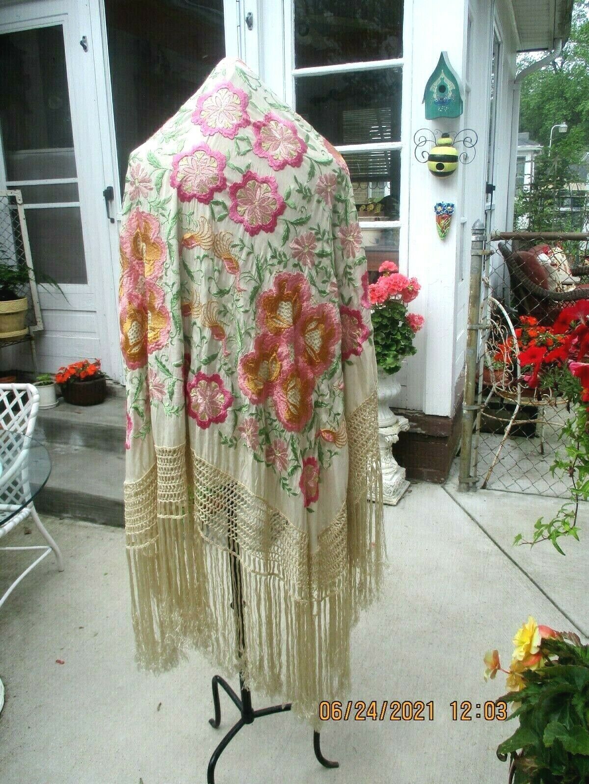 Antique Silk Shawl Piano Cover Floral Birds Hand Embroidered 