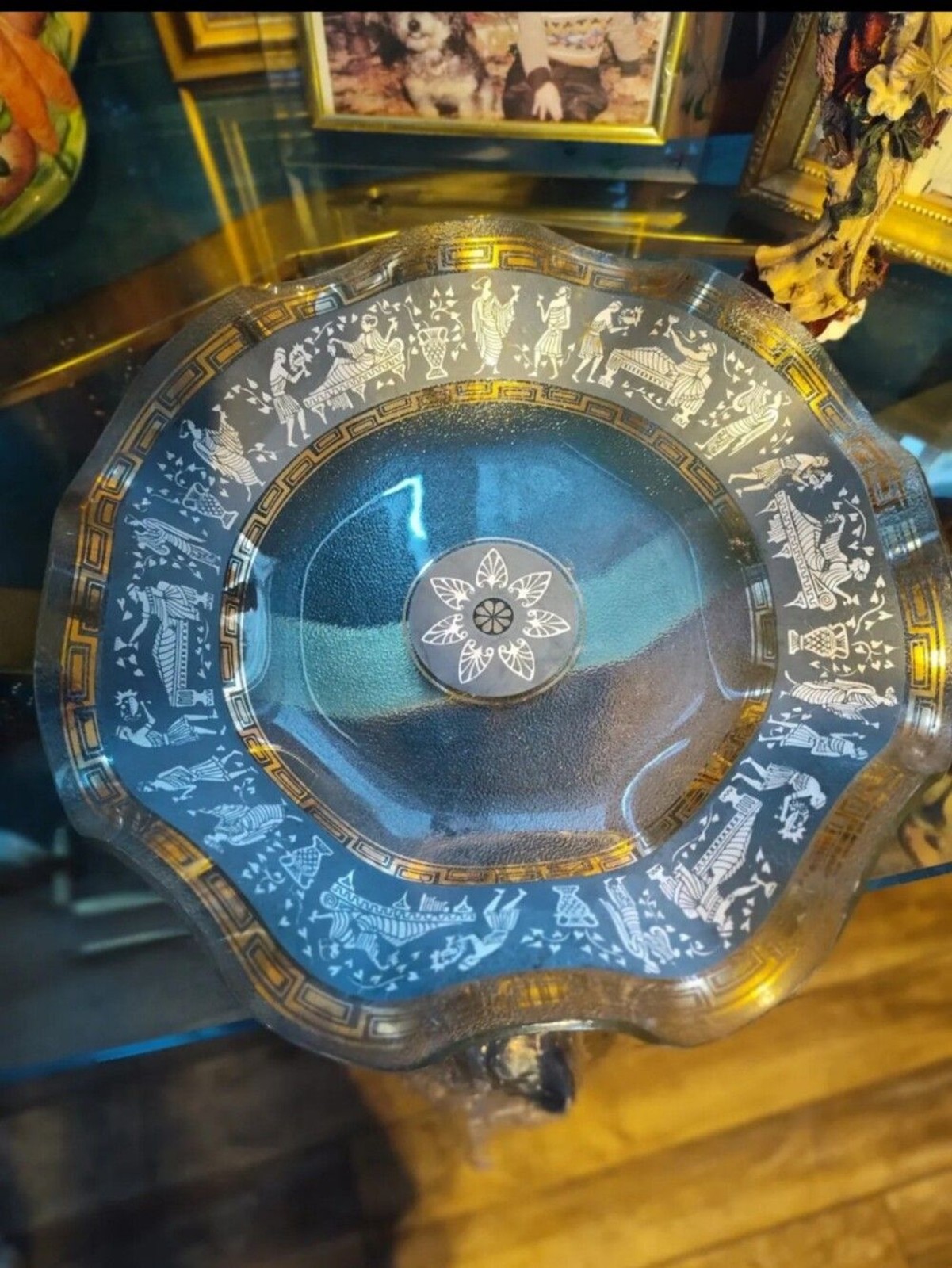 Vintage Greek Key Pressed Glass Plate Circa 1967