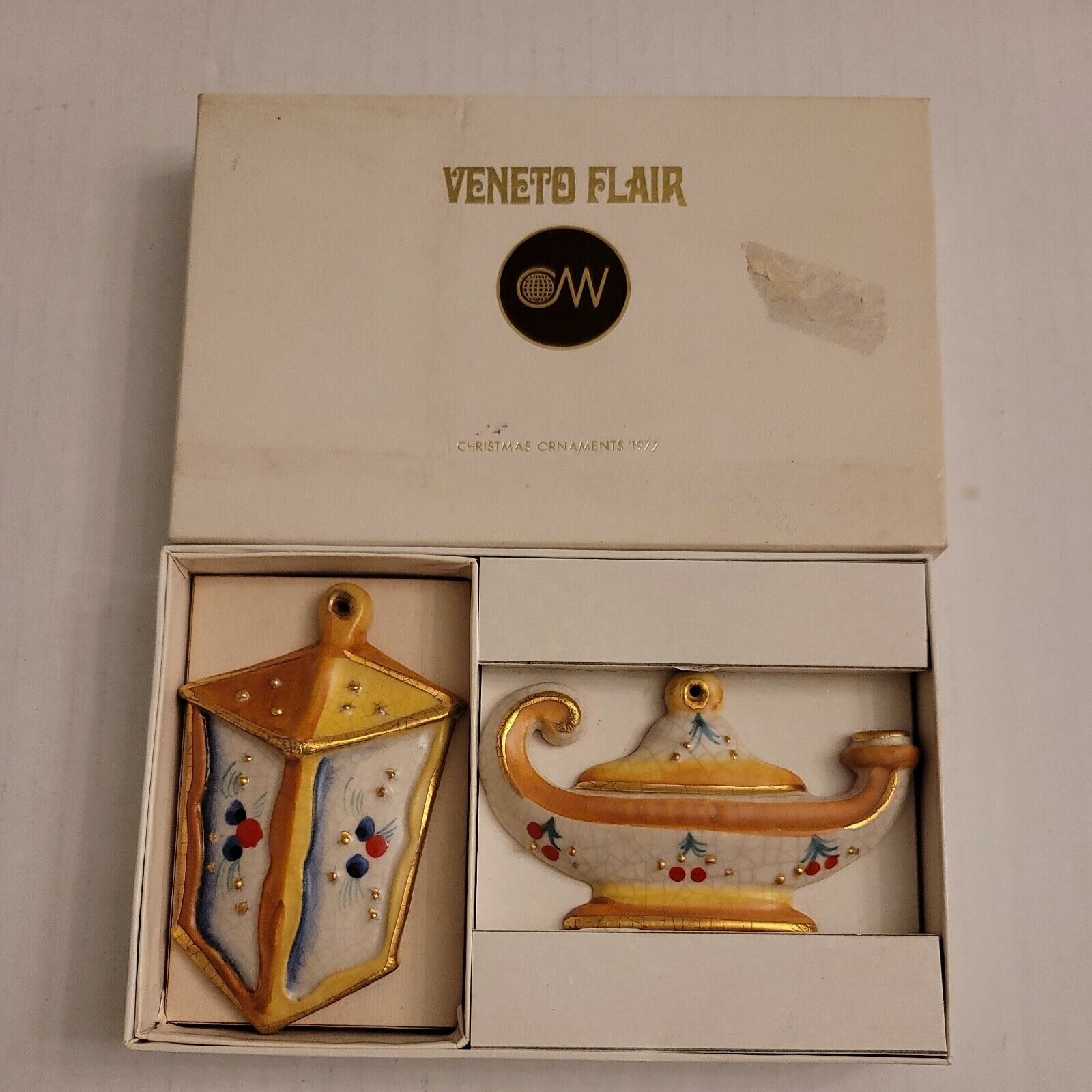 Vintage Pair 1977 Veneto Flair Christmas Ornaments Hand Painted Made In Italy