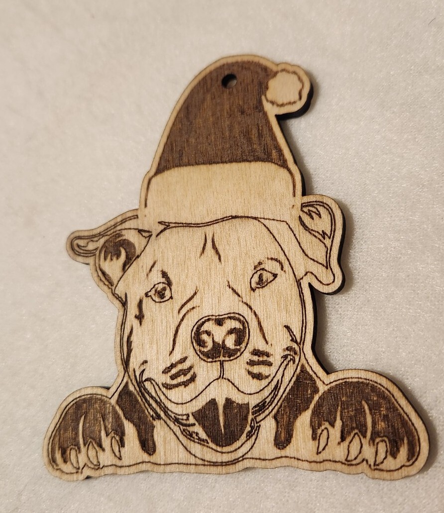 Handcrafted Laser Engraved Wooden Hanging Ornament Pitbull Santa 3 1/2 Handcrafted Laser Engraved Wooden Hanging Ornament Pitbull Santa 3 1/2