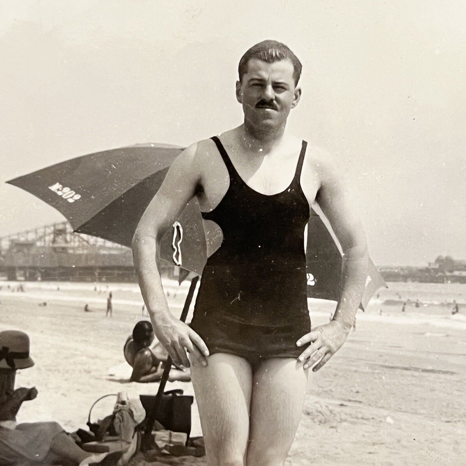 Vintage B&W Snapshot Photograph Handsome Man Bathing Suit Beach Mustache Gay Int