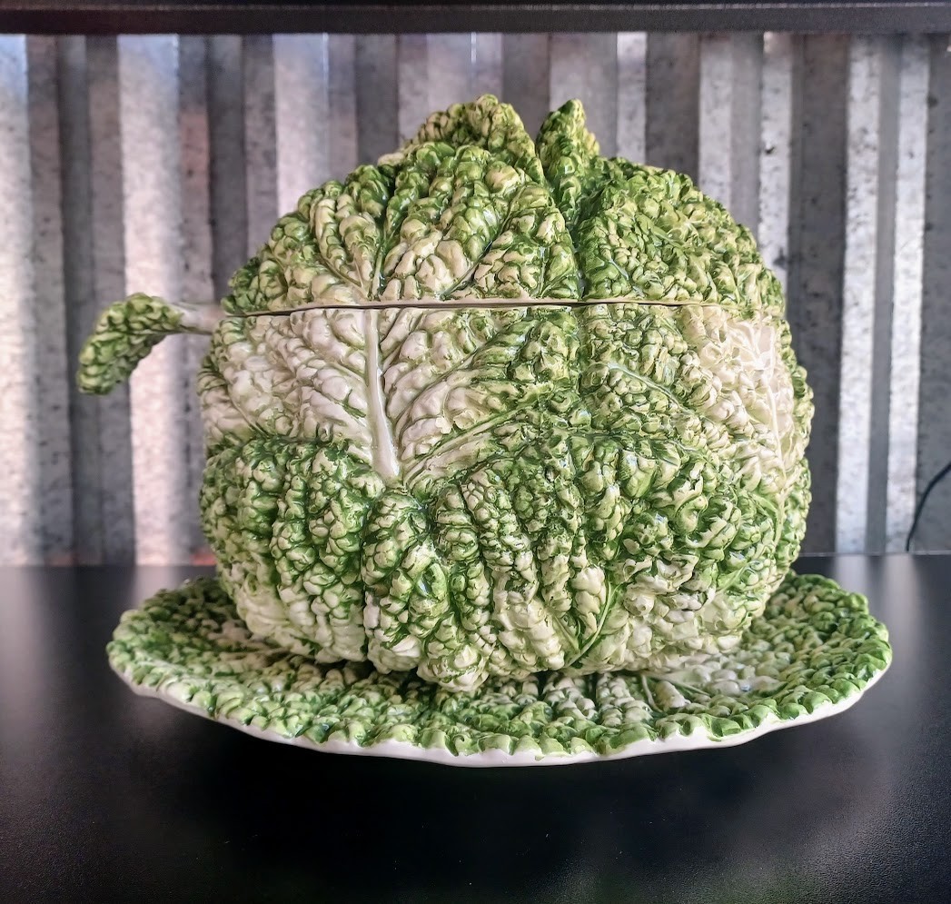 Large Vintage Majolica Cabbage Soup Tureen Set 4 Pc with 13