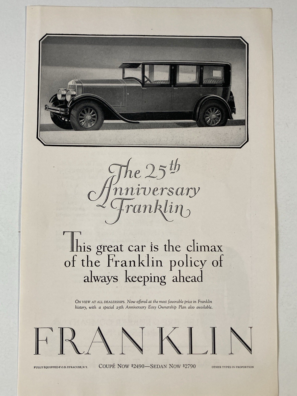 1927 Franklin Print Ad Coupe Sedan Always Keeping Ahead 25th Anniversary