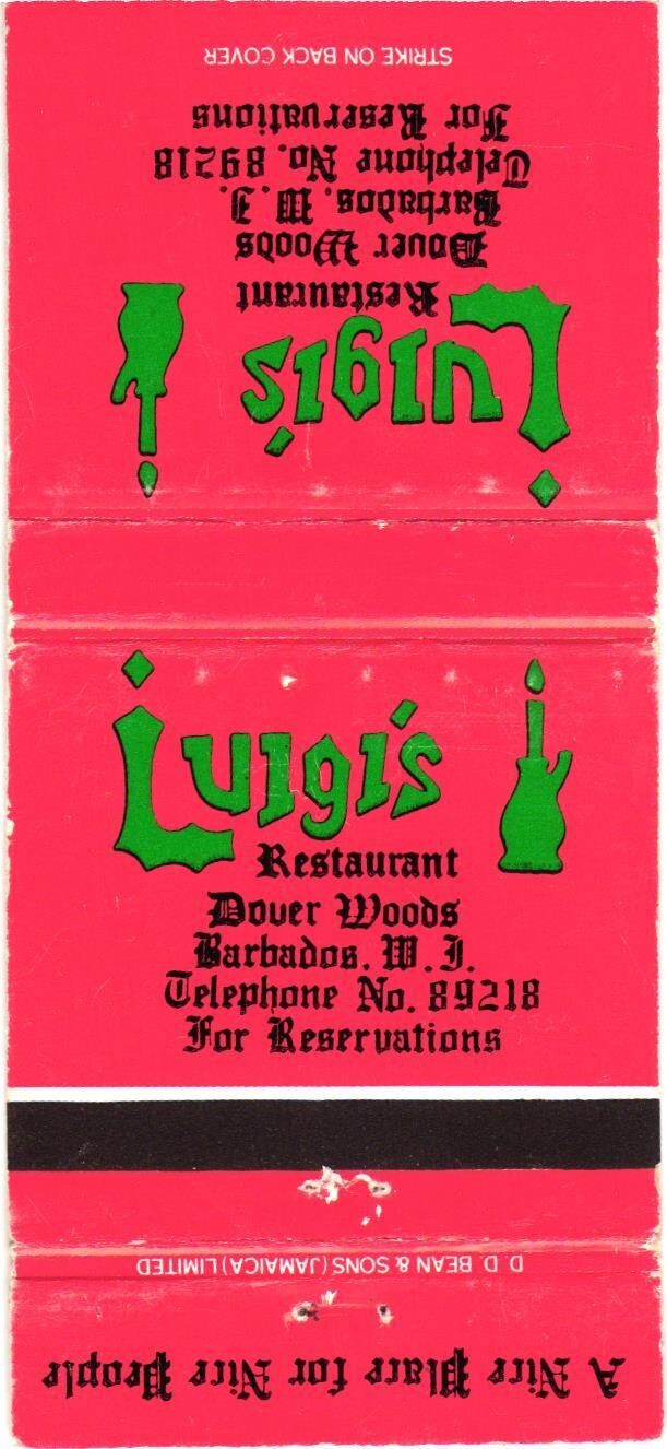 Luigi\'s Restaurant Dover Woods Barbados Vintage Matchbook Cover 1950s-60s