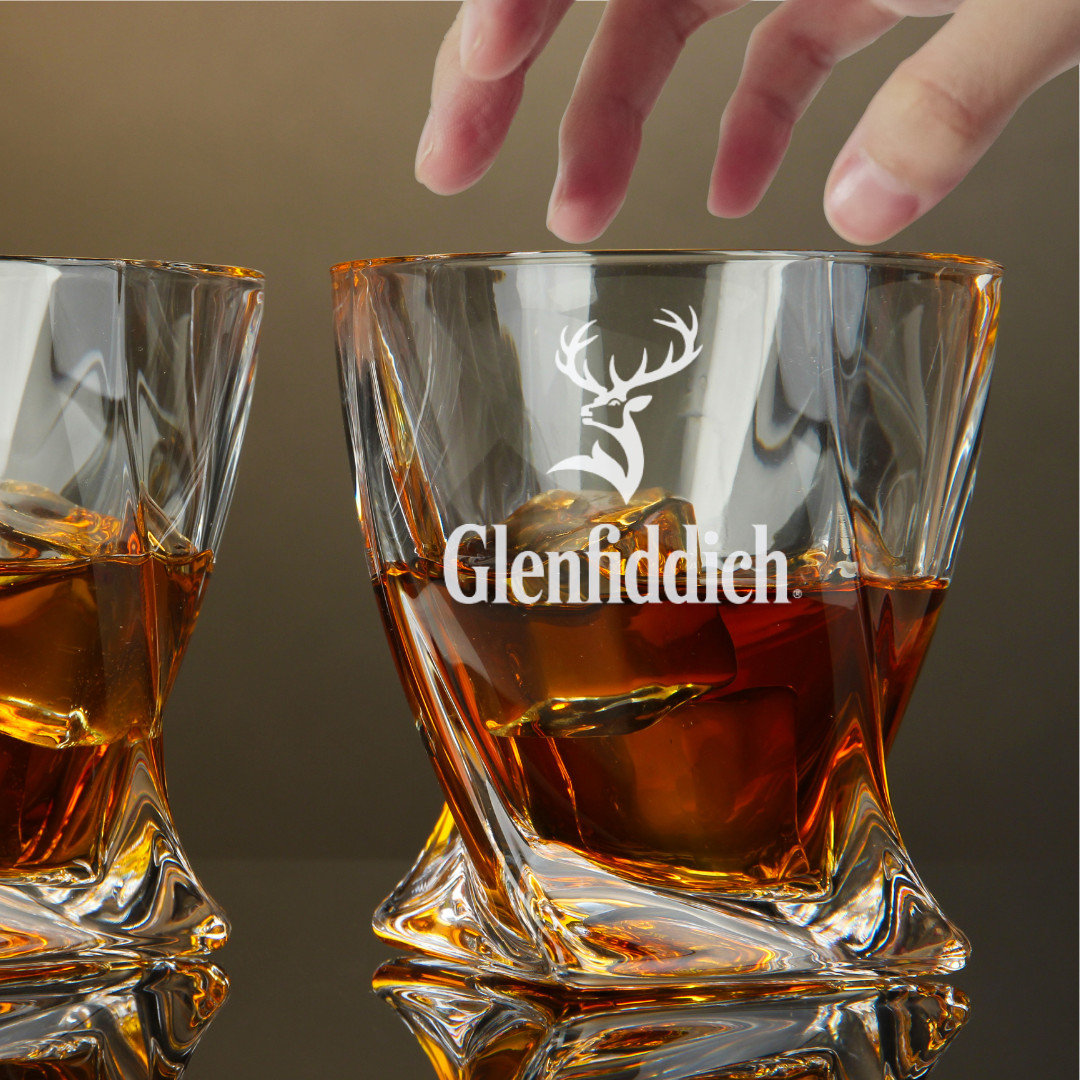 Custom Engraved Glenfiddich Twisted Whiskey Glass – 10 oz Rocks Glass New