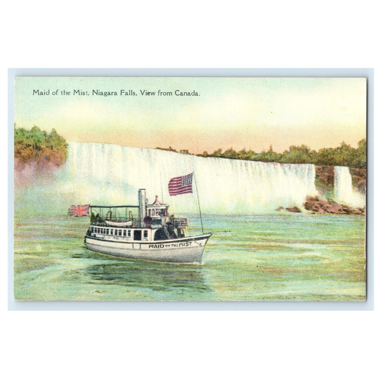 Niagara Falls Maid Of The Mist USA Flag Postcard Vintage Antique Old Canada Flag