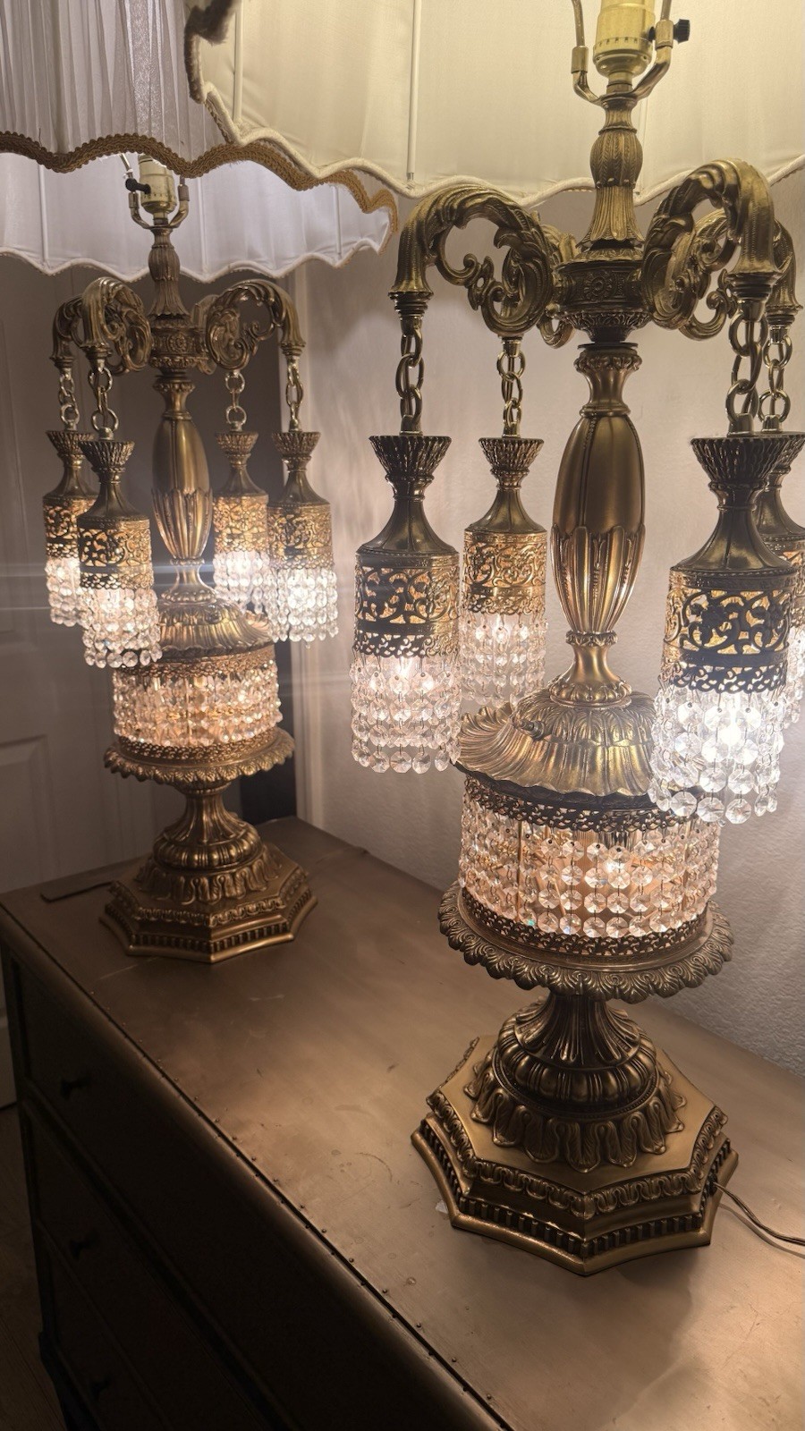 Vintage Loevsky & Loevsky L&L WMC Crystal Waterfall Chandelier Table Lamps Pair