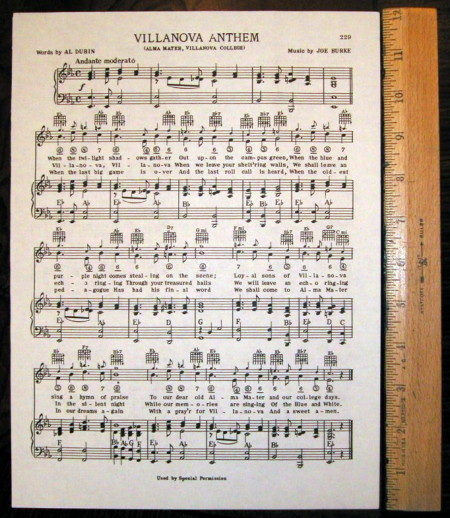 VILLANOVA UNIVERSITY Vintage Song Sheets c1938: Villanova Anthem, Wildcats March
