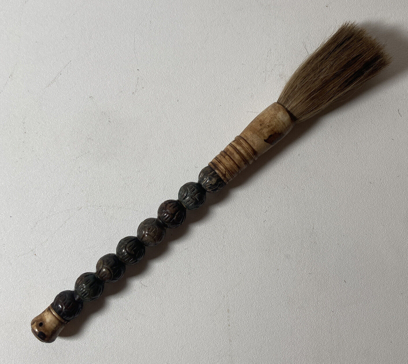 VINTAGE CHINESE  CALLIGRAPHY BRUSH CARVED STONE HANDLE BEADS HORSE HAIR