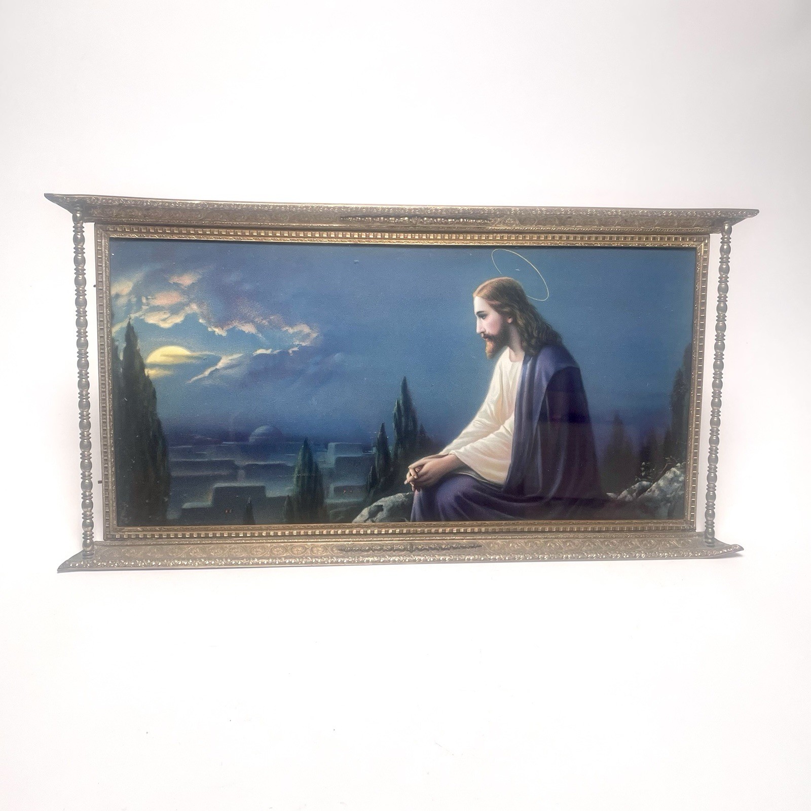 Vtg Warner Sallman Christ in Gethsemane Mount Of Olives Print Brass Frame 15\