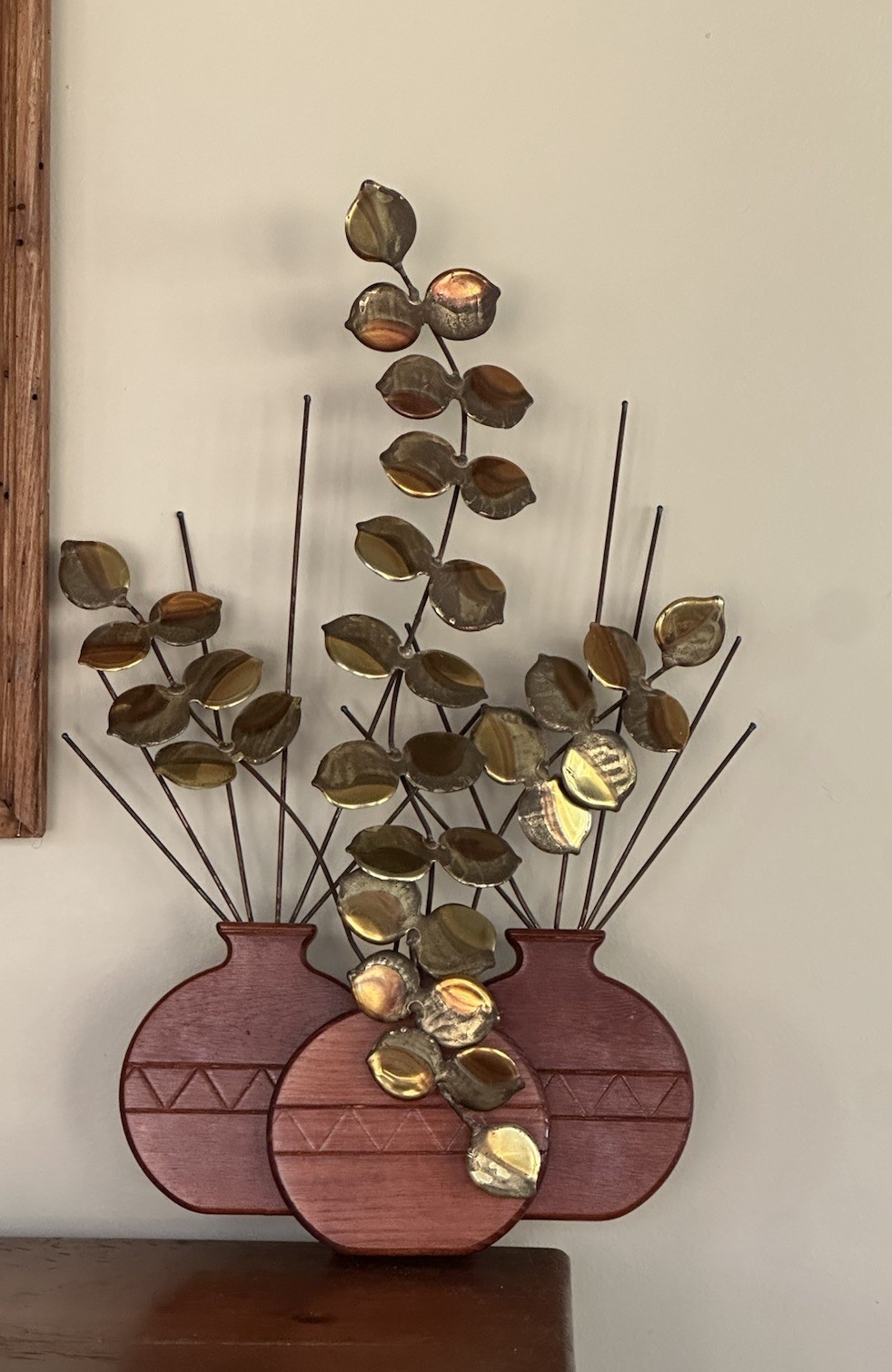 Vintage MCM Hopi Native Sculpture Wood Brass Leaves 18” wall decor