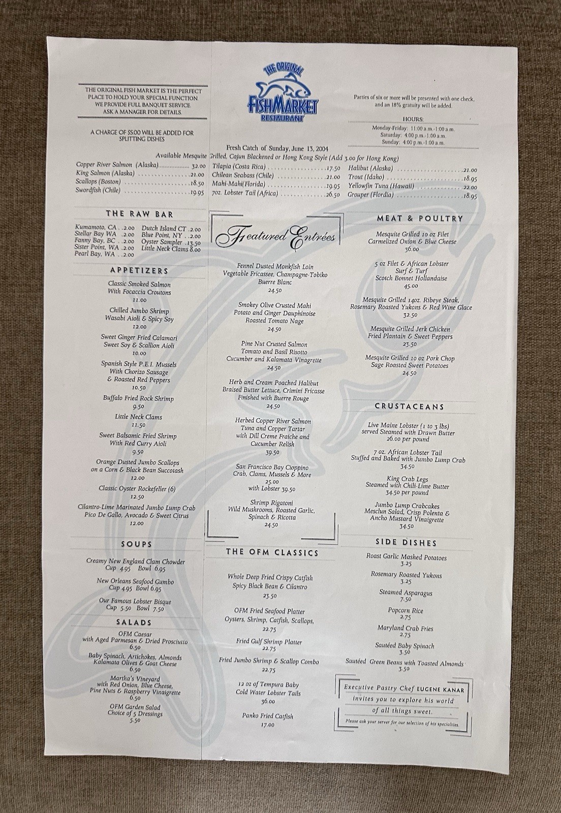 Vintage The Original Fish Market Restaurant Menu Pittsburgh PA Westin Hotel
