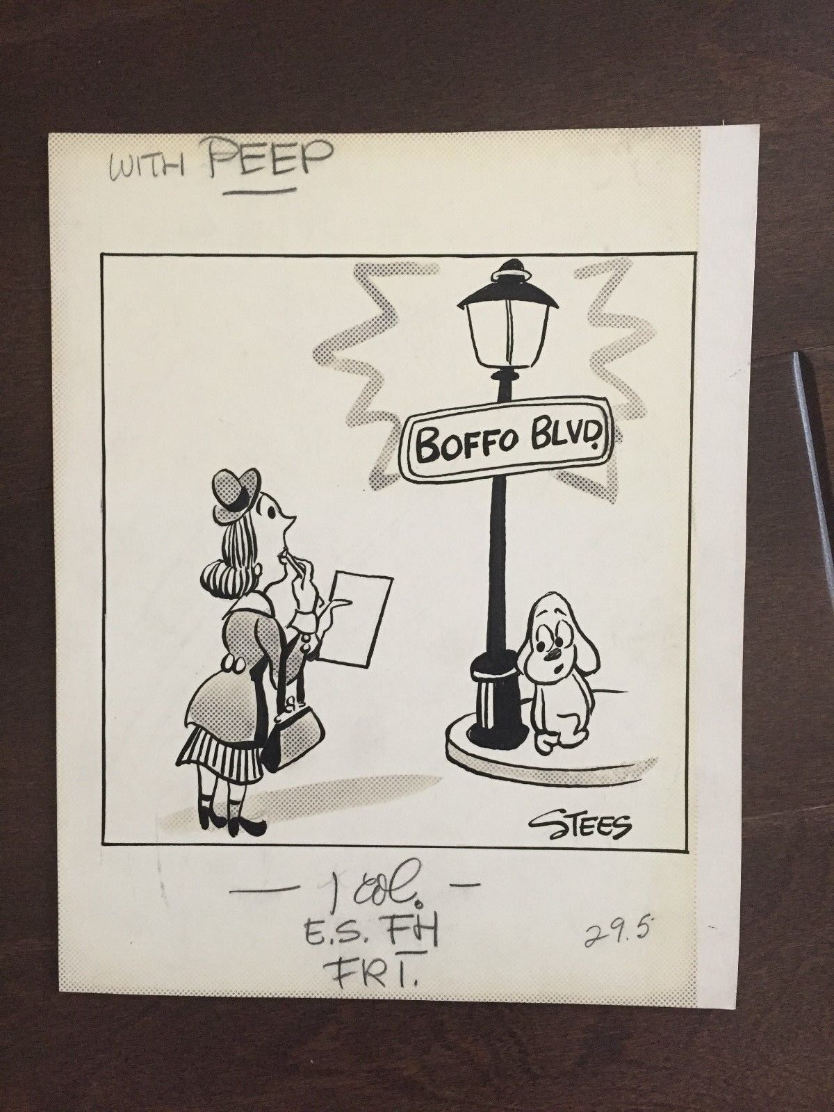 Rare, Original Cartoon Drawing by John Stees (1910-1982)  Boffo Blvd.