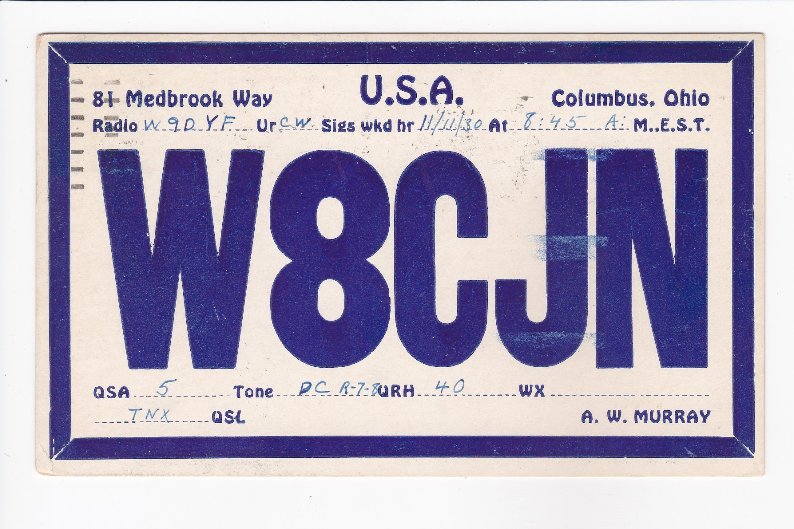 Vintage QSL Card W8CJN Columbus Ohio c1930