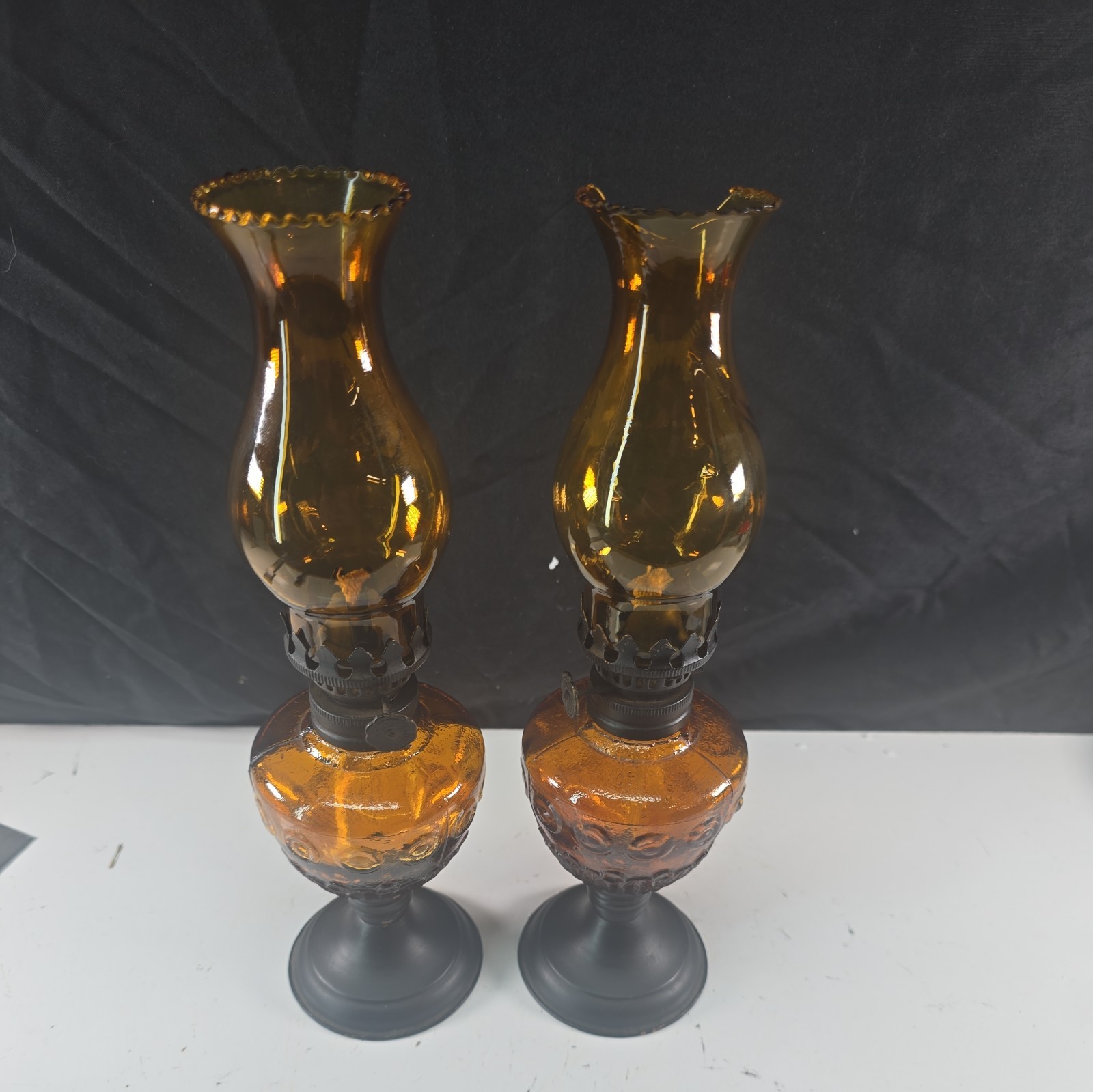 Set Of 2 Small Oil Kerosene Lamps Amber Glass 1 Cracked See Photos