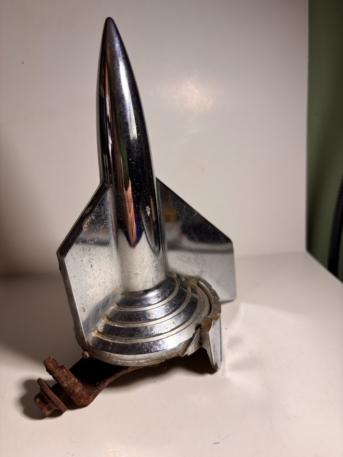 1957 RH Chevy Bel Air Rocket Bullet Hood Ornament+bracket used Part 3738984