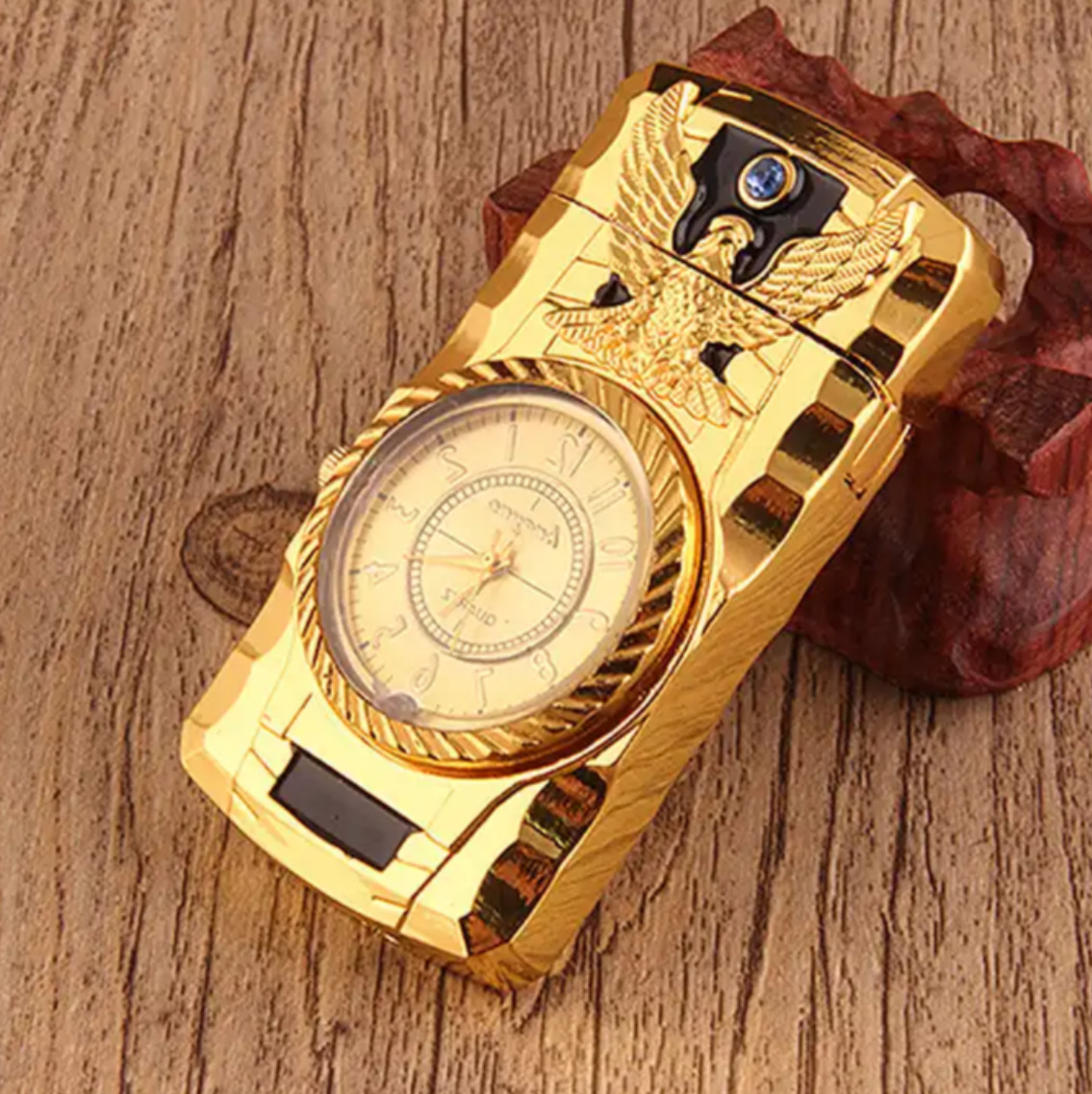 Luxury Butane Wind-Proof Jet Torch Lighter w/ Engraved Bird and LED/Quartz Watch