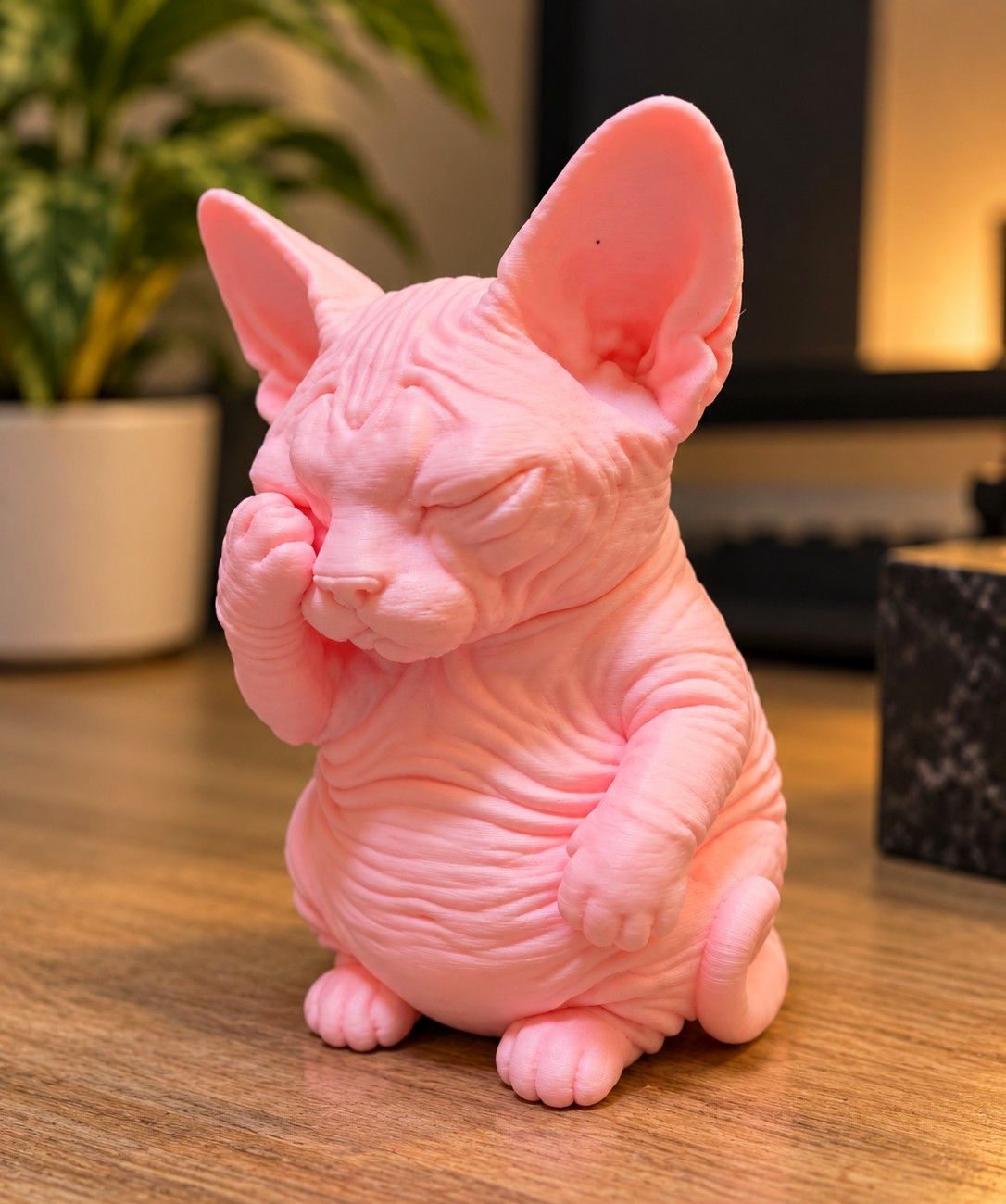 Pink Sphynx Cat Figurine Chubby Fat Kitty Mini Statue Cute Desk Shelf Decor