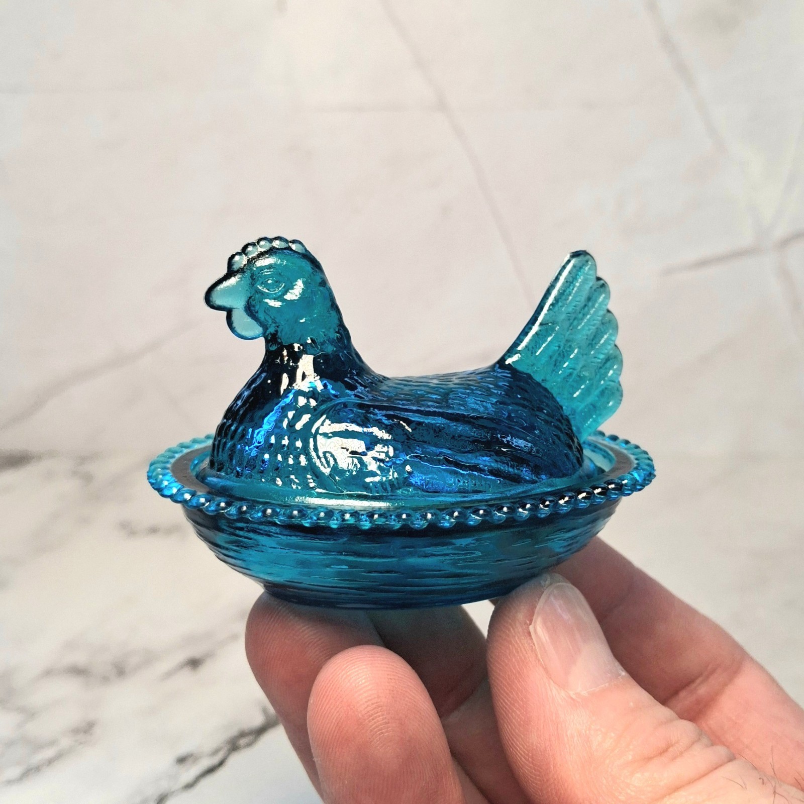 Indiana Style Glass Mini Hen On Nest Chicken Salt Dish, Colonial Blue, VTG Style